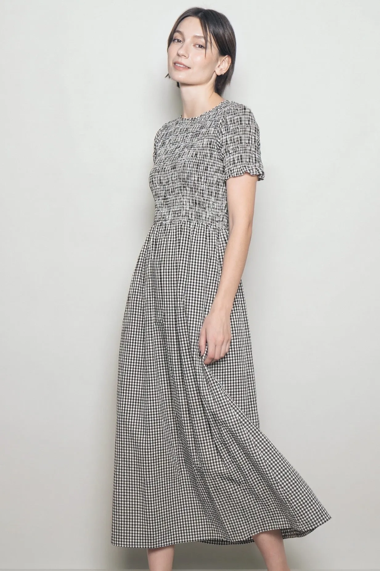 Black Smocked Gingham Midi Dress sold by Pinkblush product image thumbnail 2