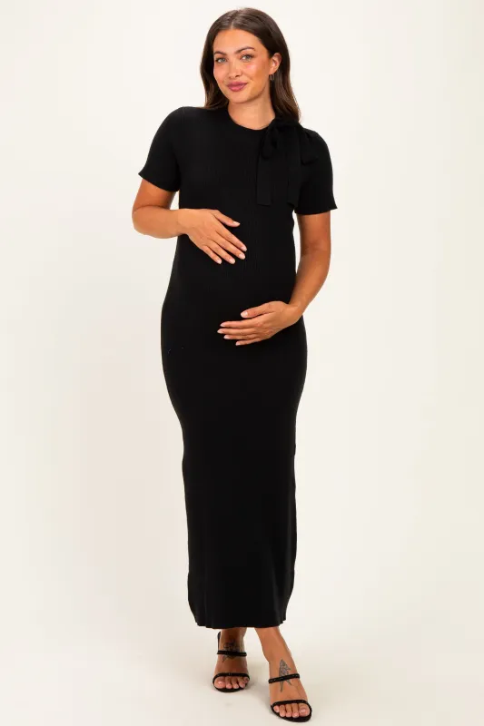 Black Tie Neck Short Sleeve Knit Maternity Dress made by Able