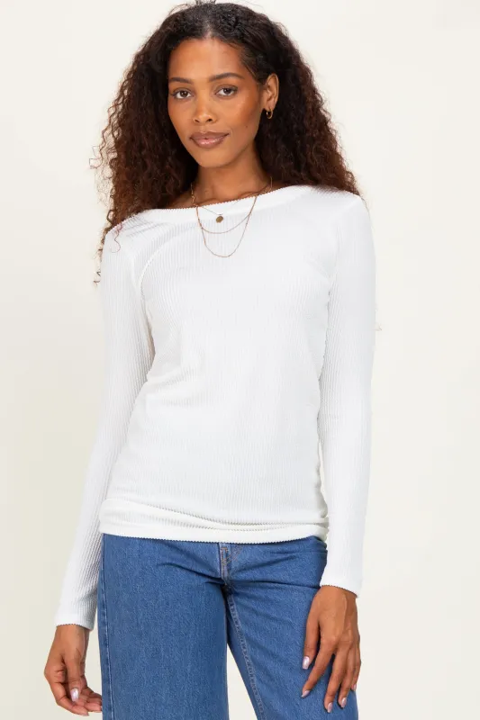 White Ribbed Scoop Neck Long Sleeve Top made by Pinkblush