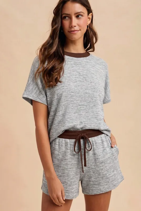 Light Grey Melange Knit Short Sleeve Top Shorts Set made by AnnieWear