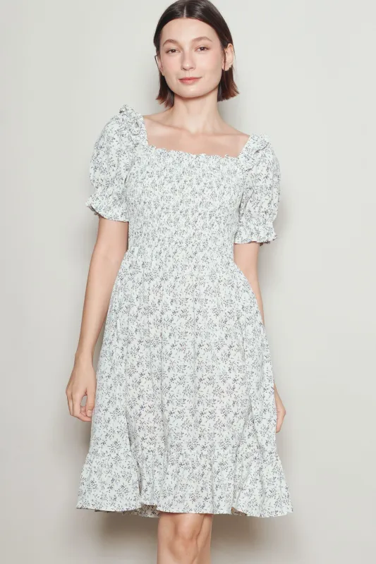 Cream Floral Smocked Puff Sleeve Dress made by Pinkblush