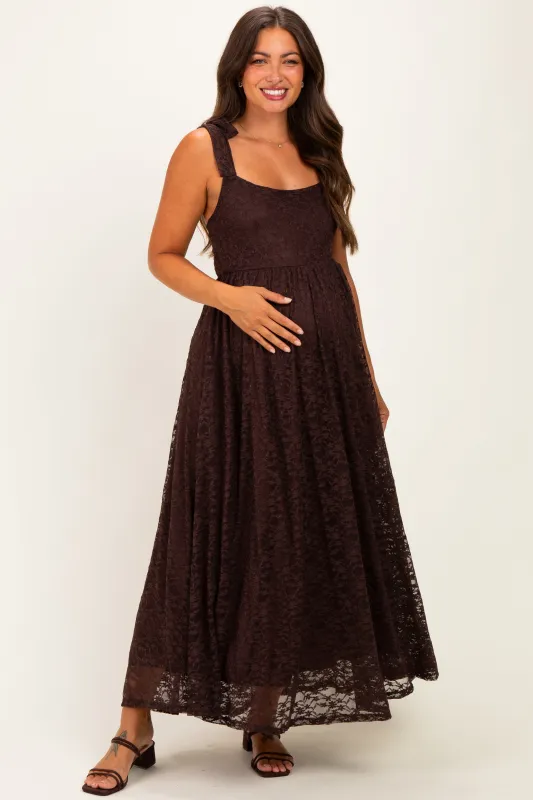 Brown Sleeveless Lace Maternity Maxi Dress made by Pinkblush