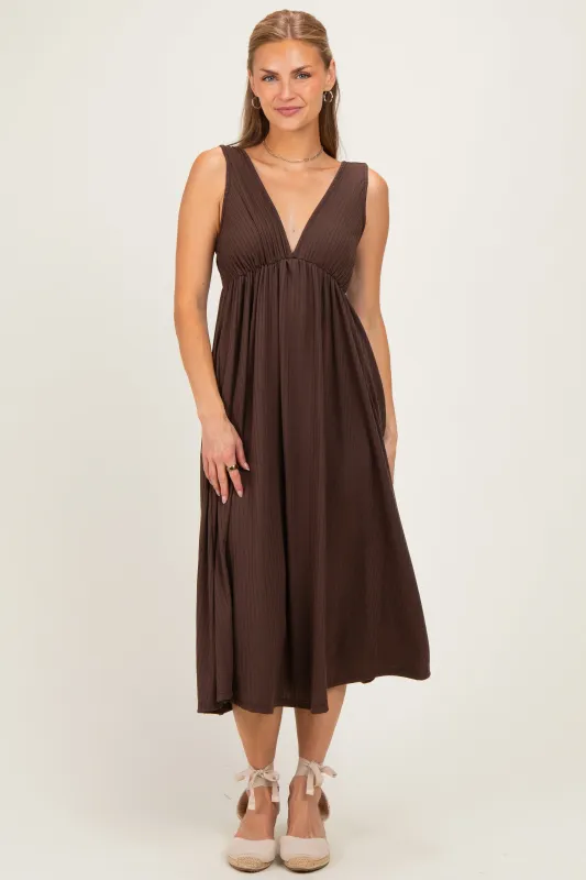 Brown Sleeveless Ribbed Knit A-Line Midi Dress made by Pinkblush
