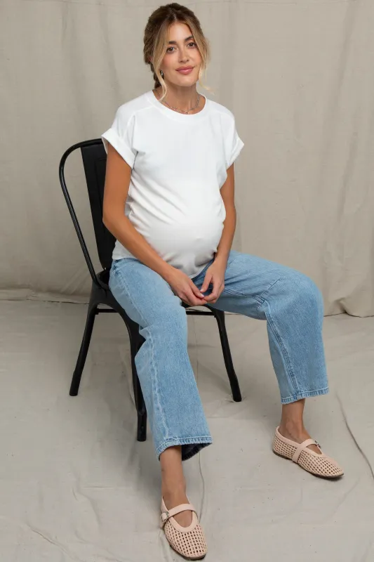 Ivory Rolled Cuff Sleeve Relaxed Fit Maternity Tee made by Pinkblush