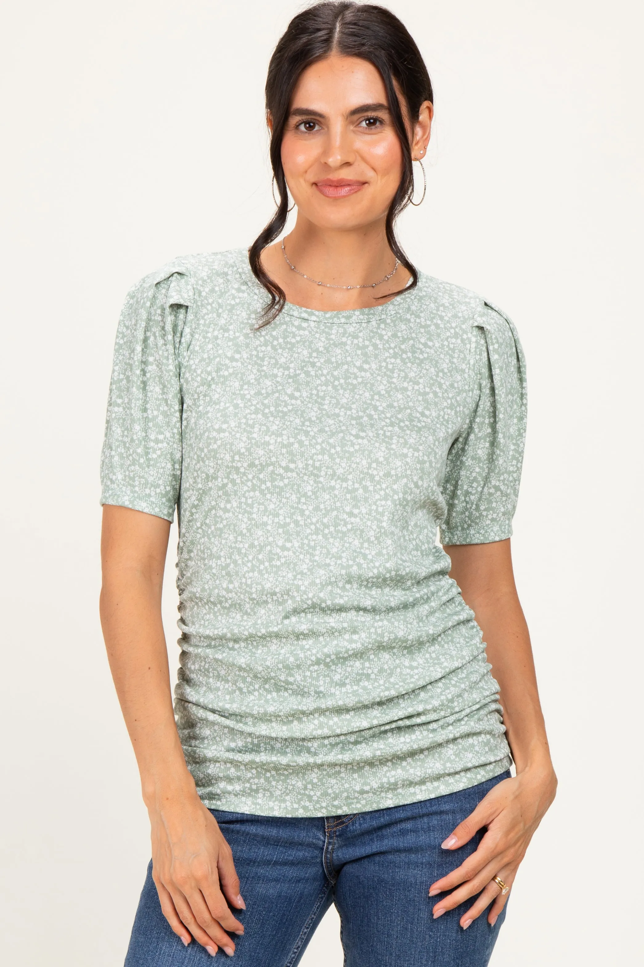 Sage Floral Short Sleeve Ribbed Maternity Top sold by Pinkblush product image thumbnail 4
