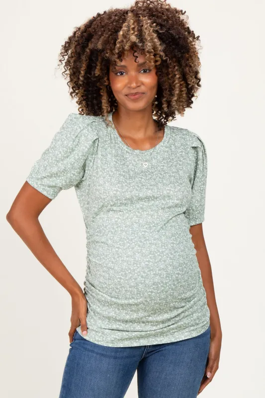 Sage Floral Short Sleeve Ribbed Maternity Top made by Pinkblush