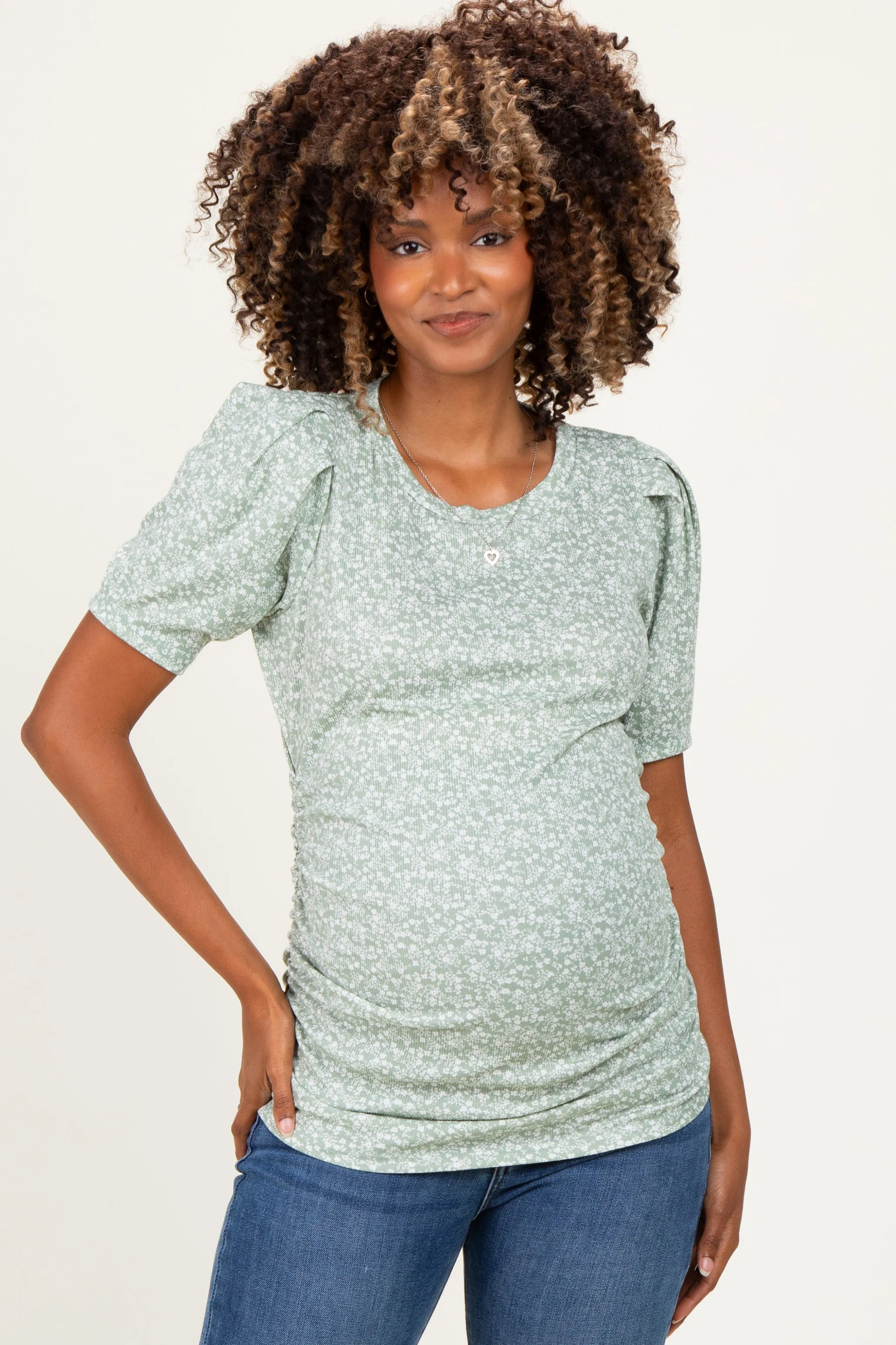 Sage Floral Short Sleeve Ribbed Maternity Top sold by Pinkblush