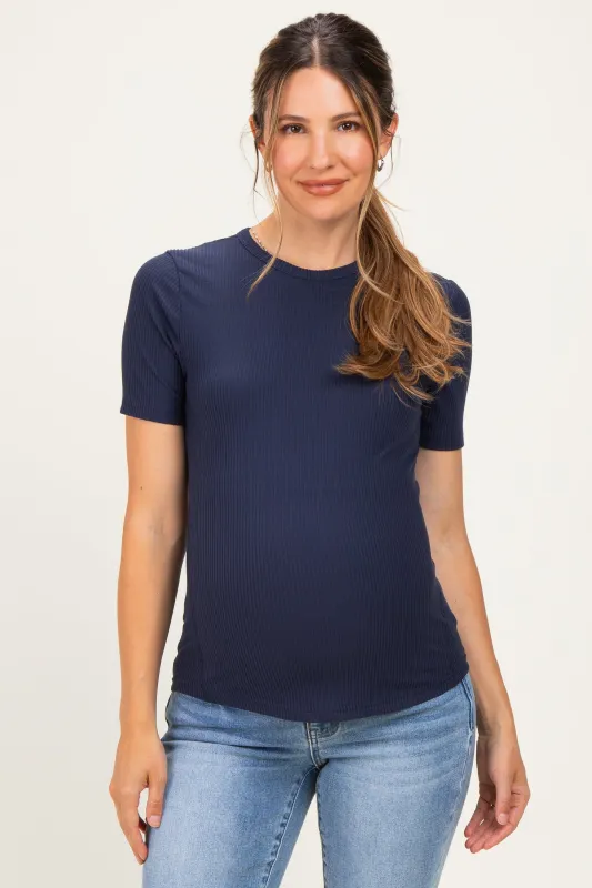Navy Brushed Ribbed Knit Maternity Crewneck Tee made by Umgee