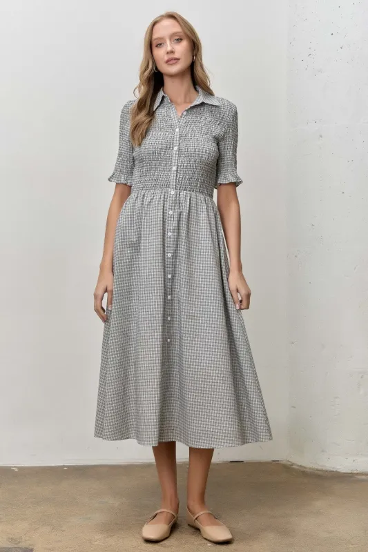 Black Gingham Smocked Button Down Midi Dress made by Polagram