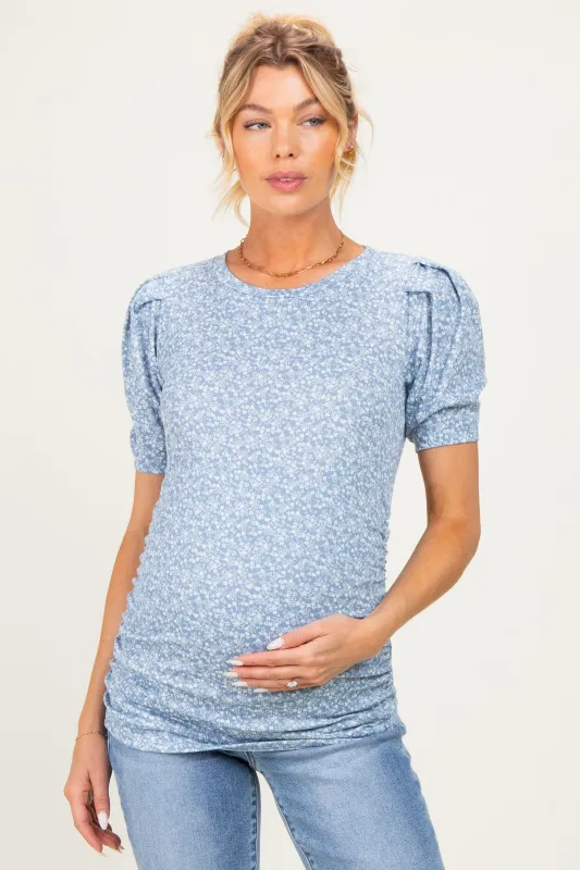 Light Blue Floral Short Sleeve Ribbed Maternity Top made by Pinkblush