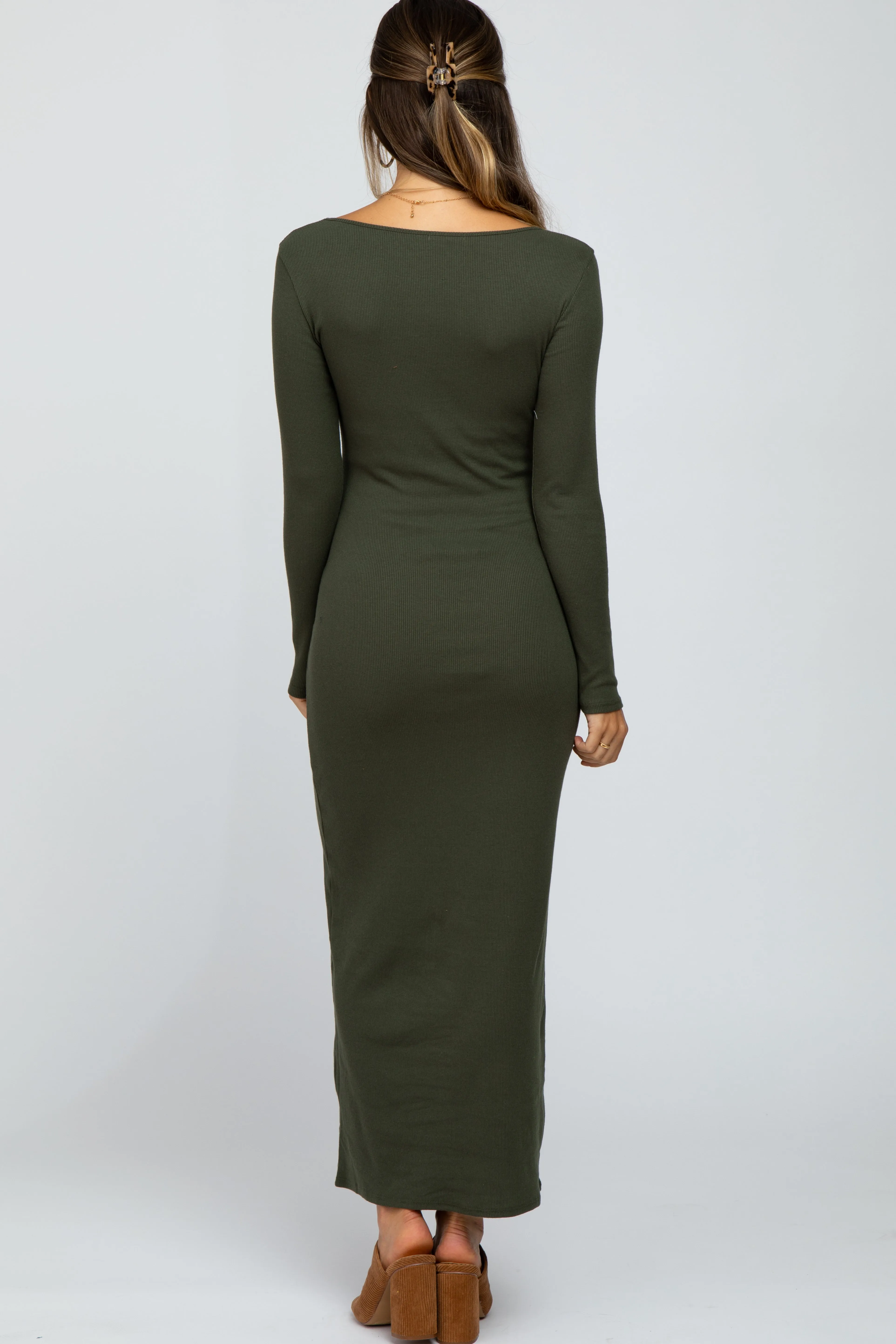 Olive Ribbed Long Sleeve Maxi Dress sold by Pinkblush product image thumbnail 4
