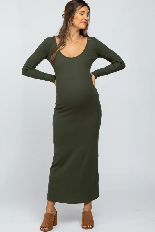 Olive Ribbed Long Sleeve Maxi Dress made by Pinkblush