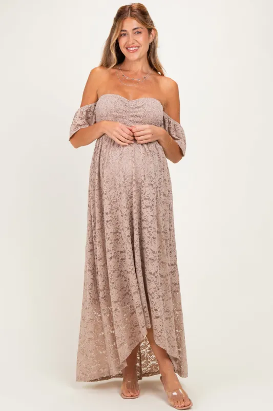 Mocha Lace Off Shoulder Maternity Maxi Dress made by Pinkblush