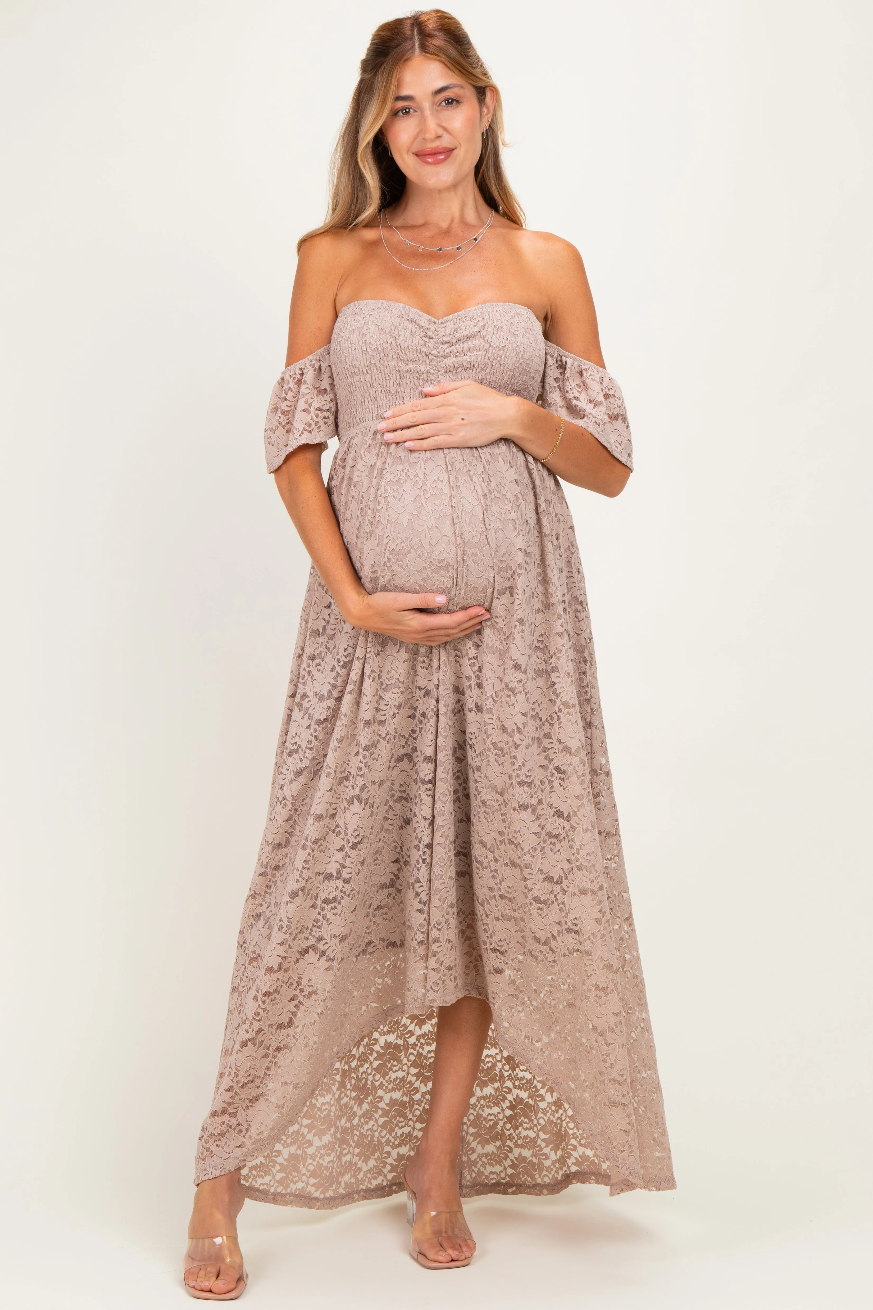 Mocha Lace Off Shoulder Maternity Maxi Dress sold by Pinkblush product image thumbnail 2