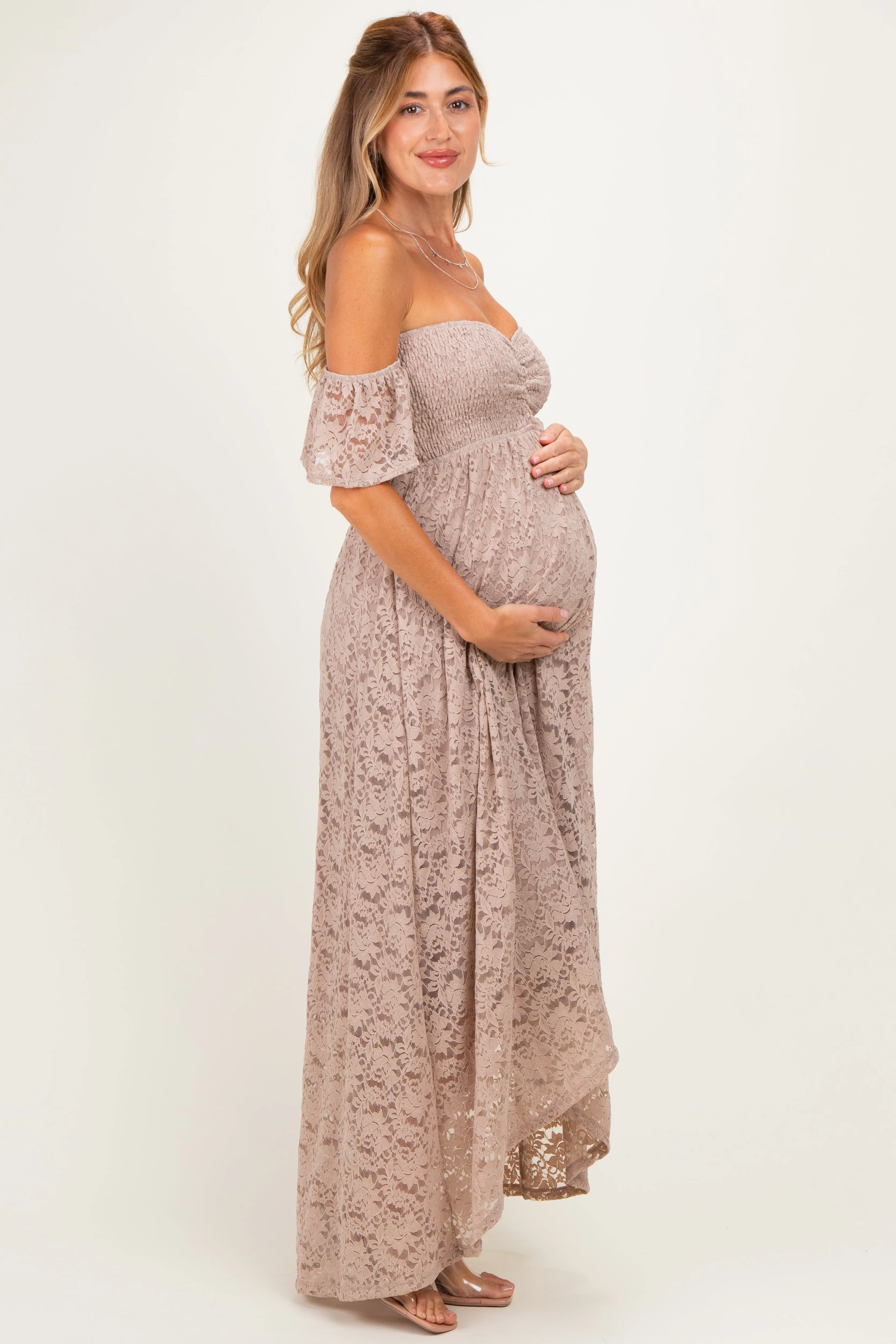 Mocha Lace Off Shoulder Maternity Maxi Dress sold by Pinkblush product image thumbnail 3