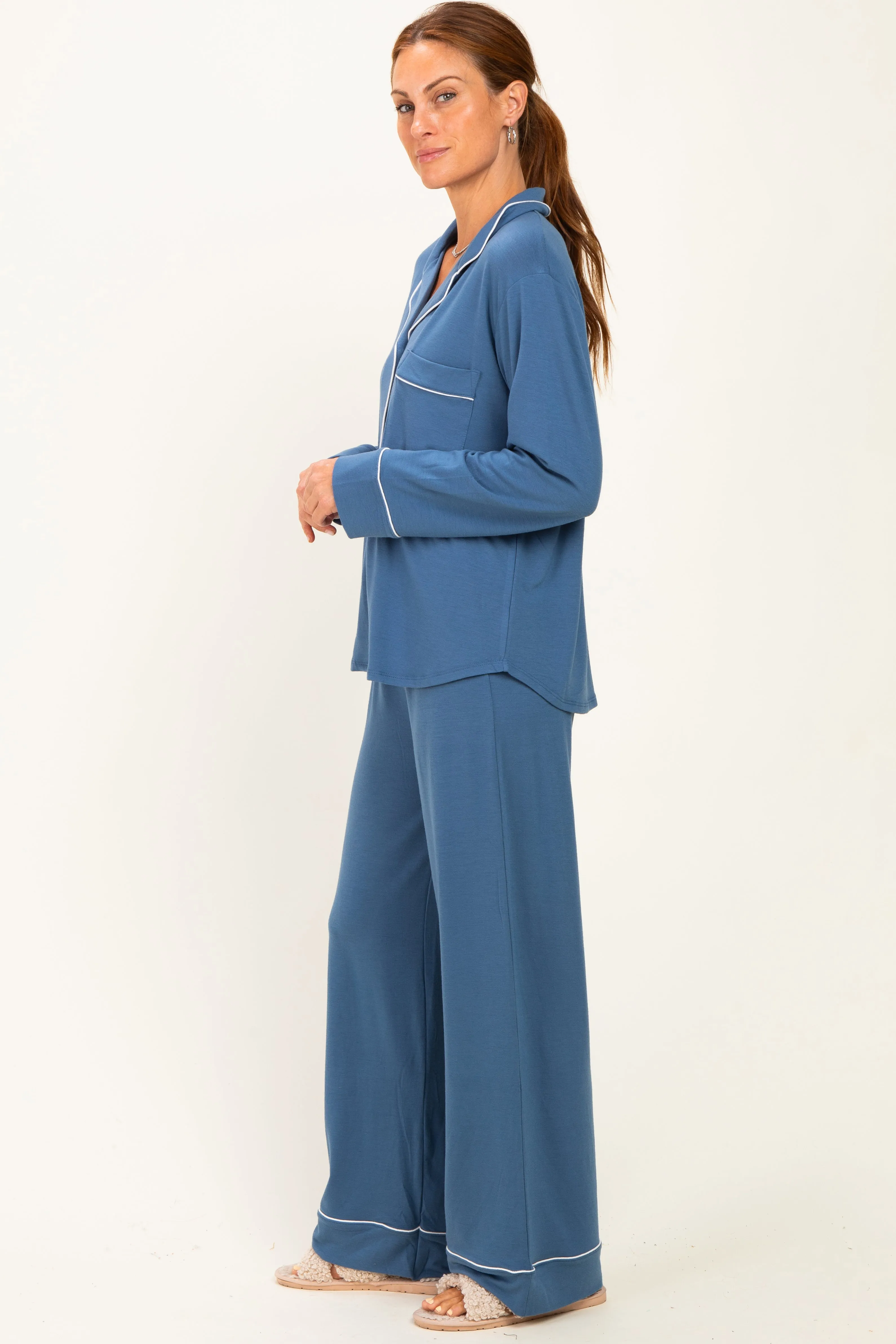 Light Navy Button Down Top Wide Leg Pant Pajama Set sold by Pinkblush product image thumbnail 3