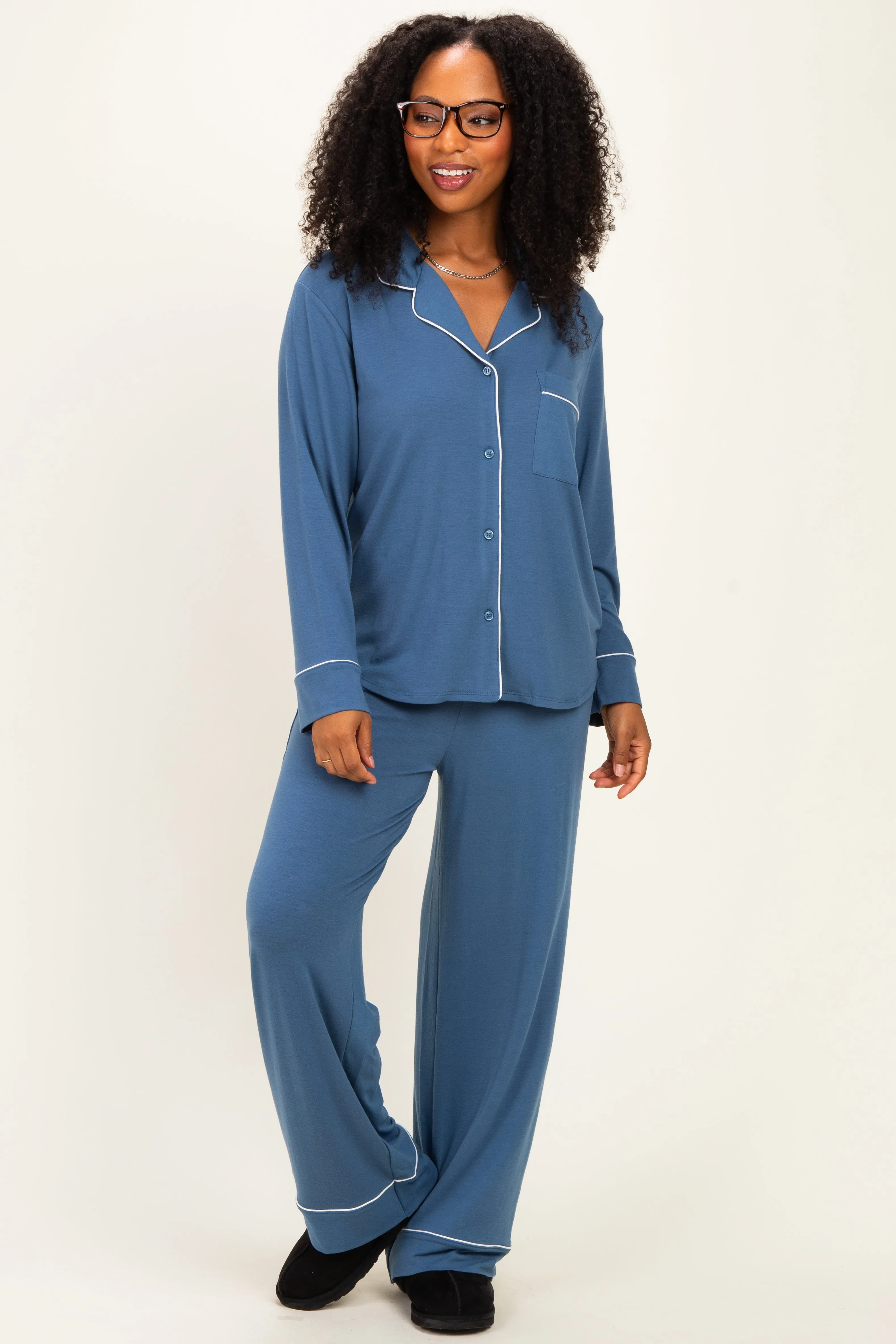 Light Navy Button Down Top Wide Leg Pant Pajama Set sold by Pinkblush product image thumbnail 4