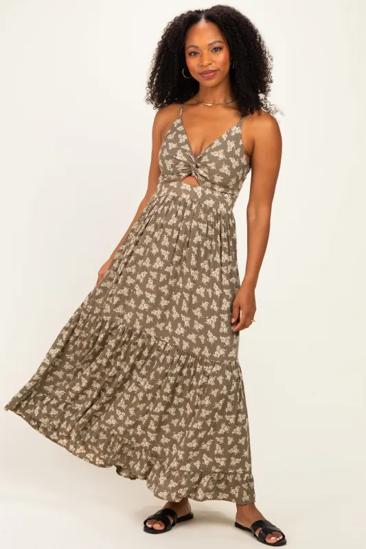Olive Floral Twist Front Keyhole Maxi Dress made by Angie