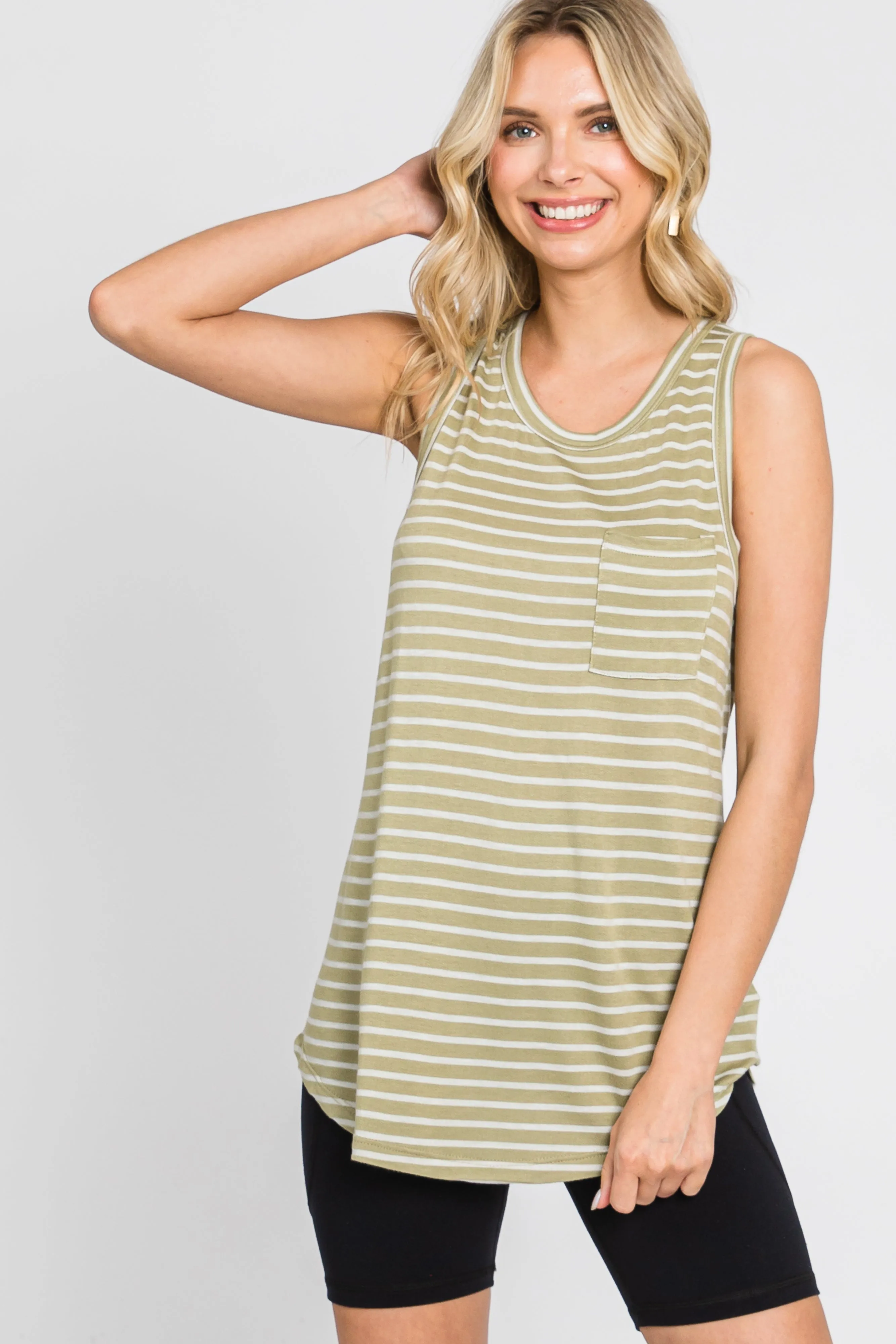 Light Olive Sleeveless Striped Pocket Front Top sold by Pinkblush product image thumbnail 4