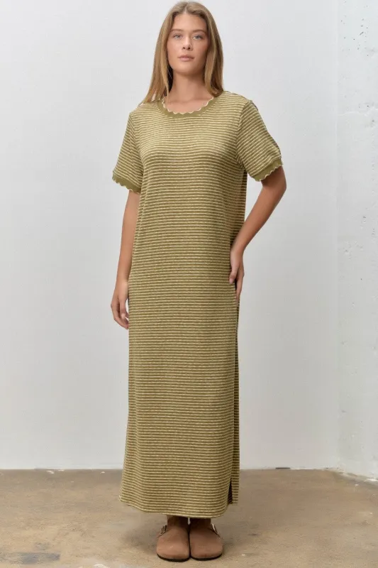 Olive Striped Knit Scallop Accent Maxi Dress made by Polagram