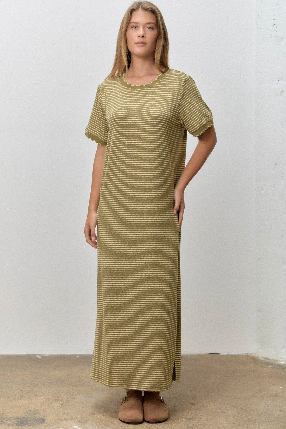 Olive Striped Knit Scallop Accent Maxi Dress sold by Pinkblush