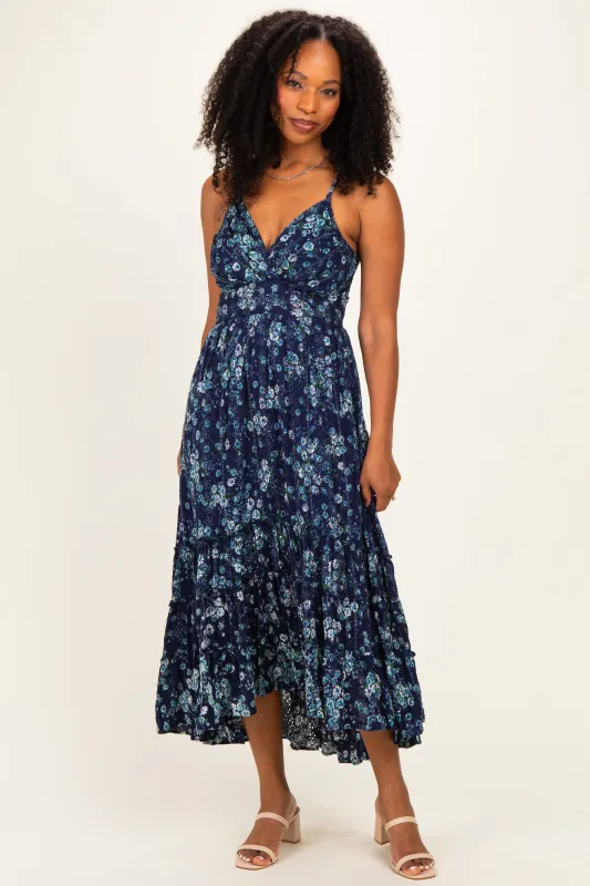 Navy Floral Eyelet Lace Ruffle Hem Midi Dress made by Angie