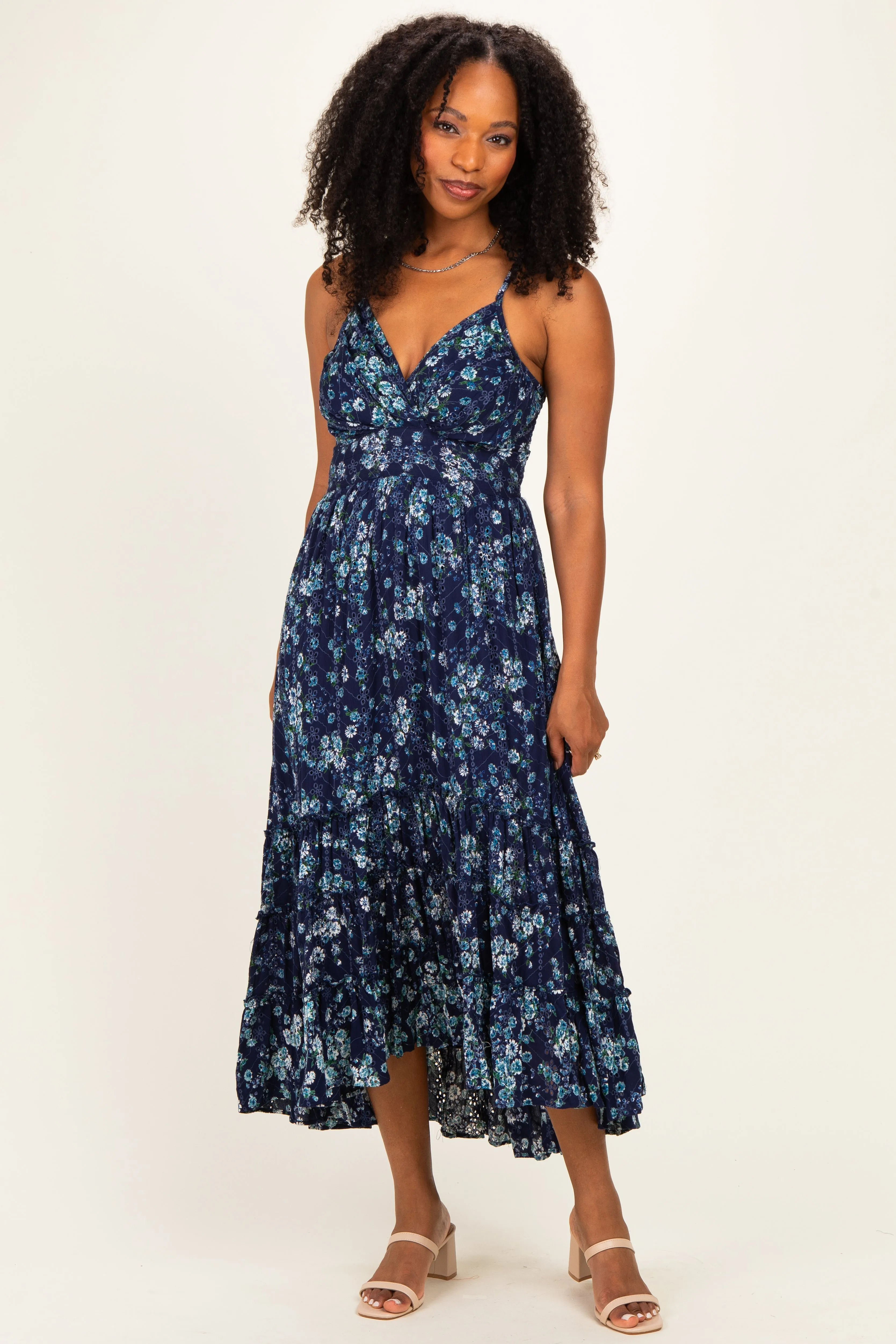 Navy Floral Eyelet Lace Ruffle Hem Midi Dress sold by Pinkblush