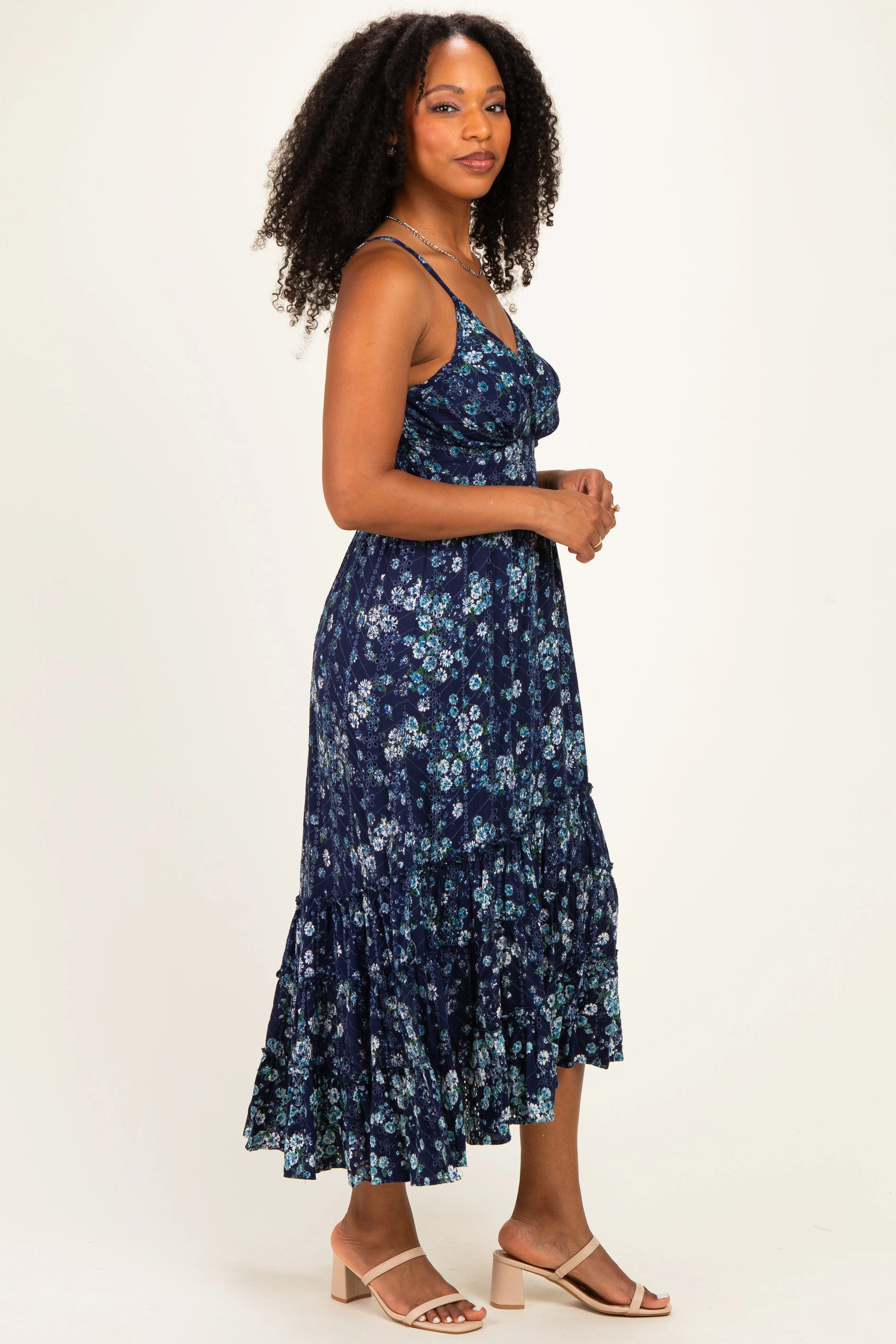 Navy Floral Eyelet Lace Ruffle Hem Midi Dress sold by Pinkblush product image thumbnail 2