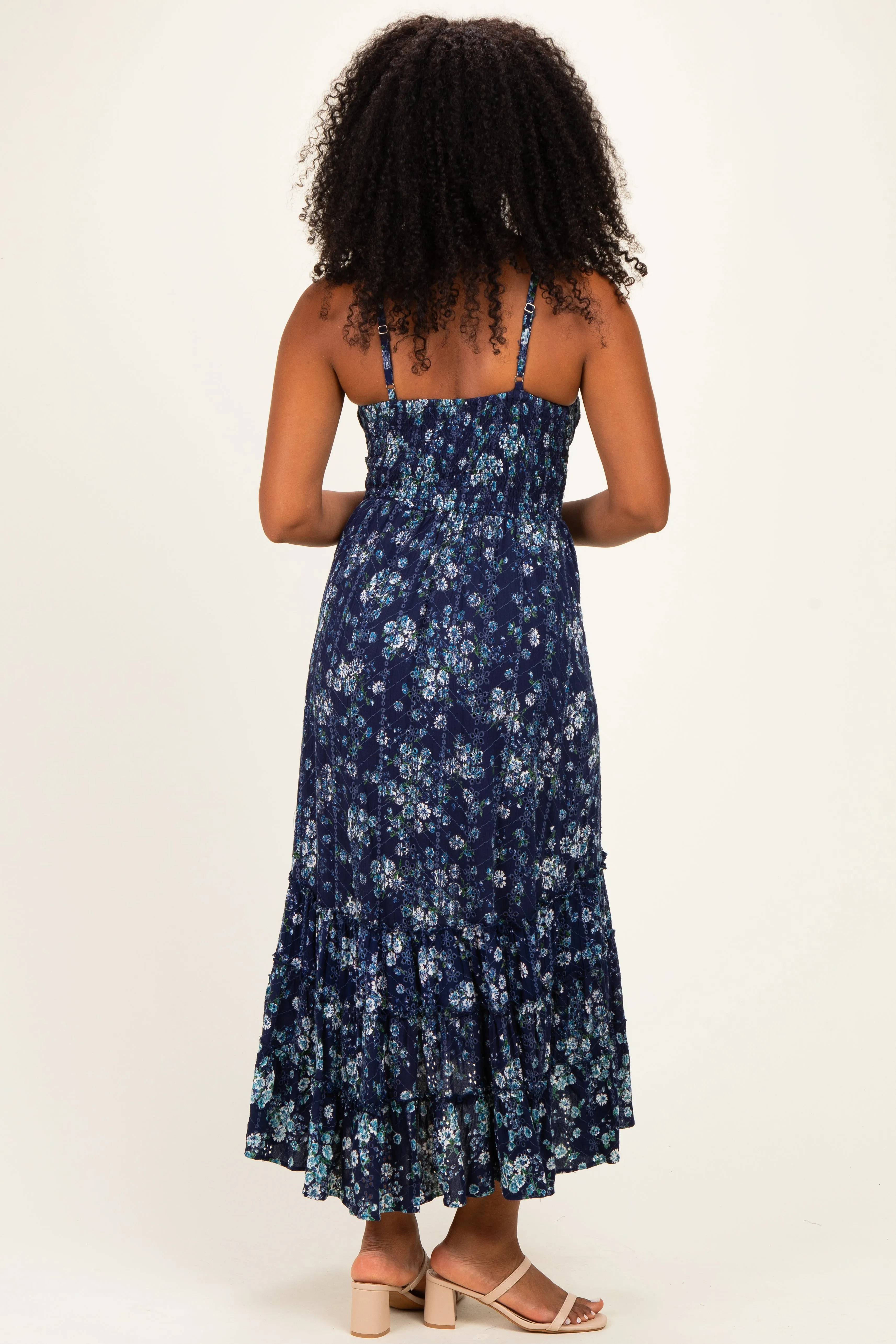 Navy Floral Eyelet Lace Ruffle Hem Midi Dress sold by Pinkblush product image thumbnail 3