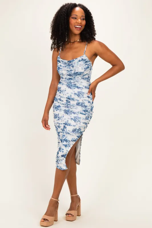 Blue Floral Mesh Ruched Crossback Midi Dress made by Lovely Day