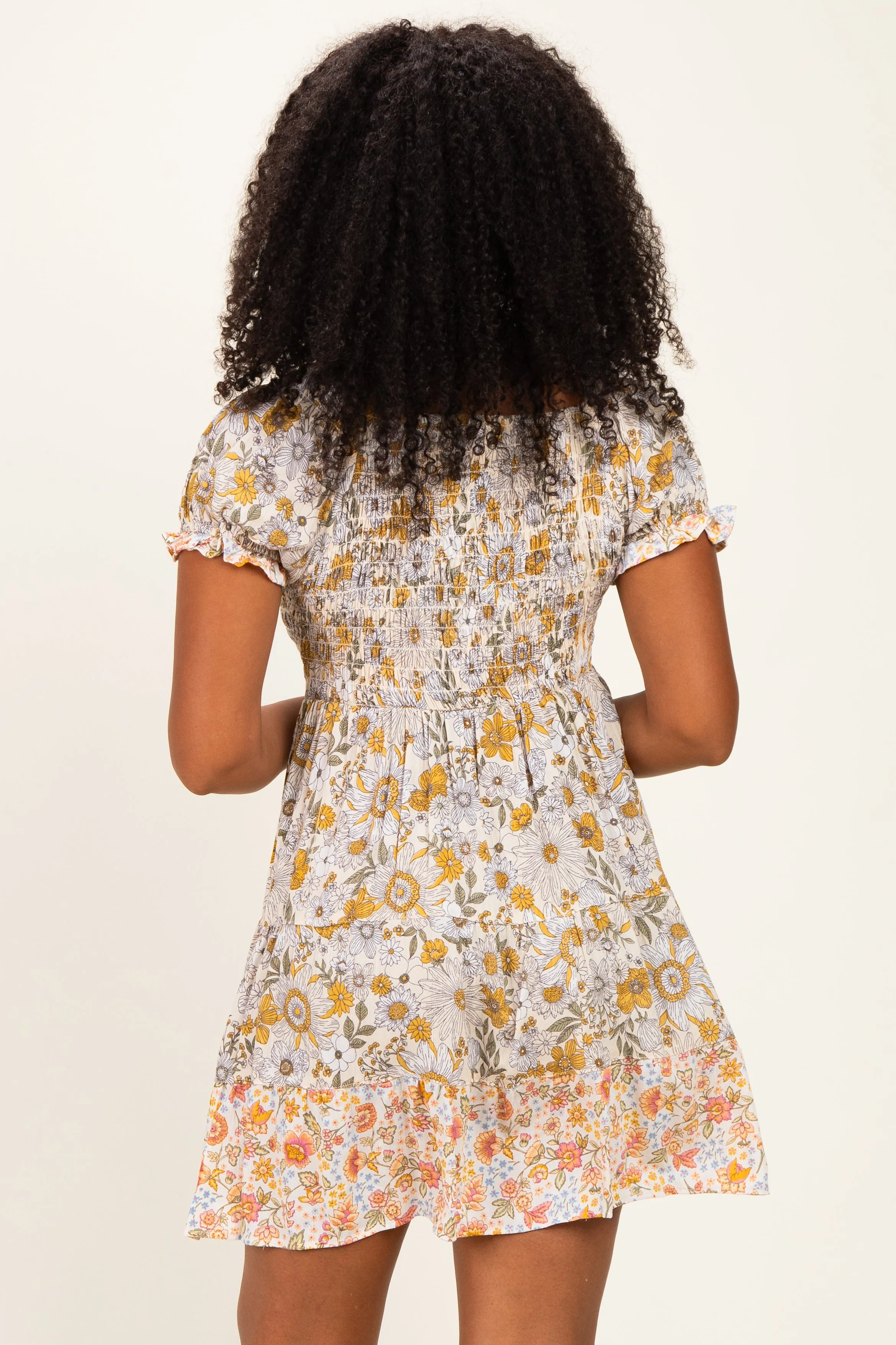 Lemon Mixed Floral V-Neck Smocked Mini Dress sold by Pinkblush product image thumbnail 4