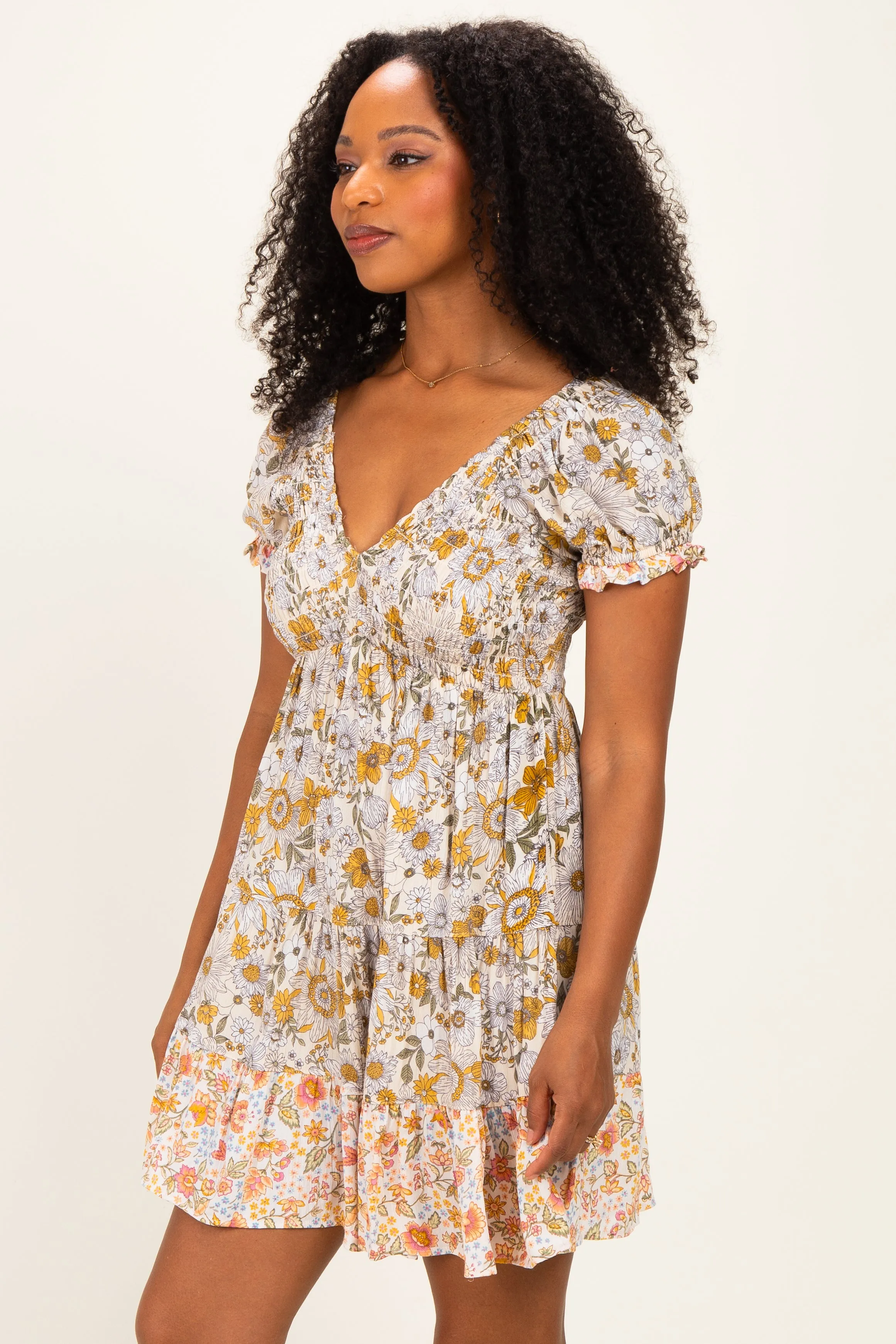 Lemon Mixed Floral V-Neck Smocked Mini Dress sold by Pinkblush product image thumbnail 3