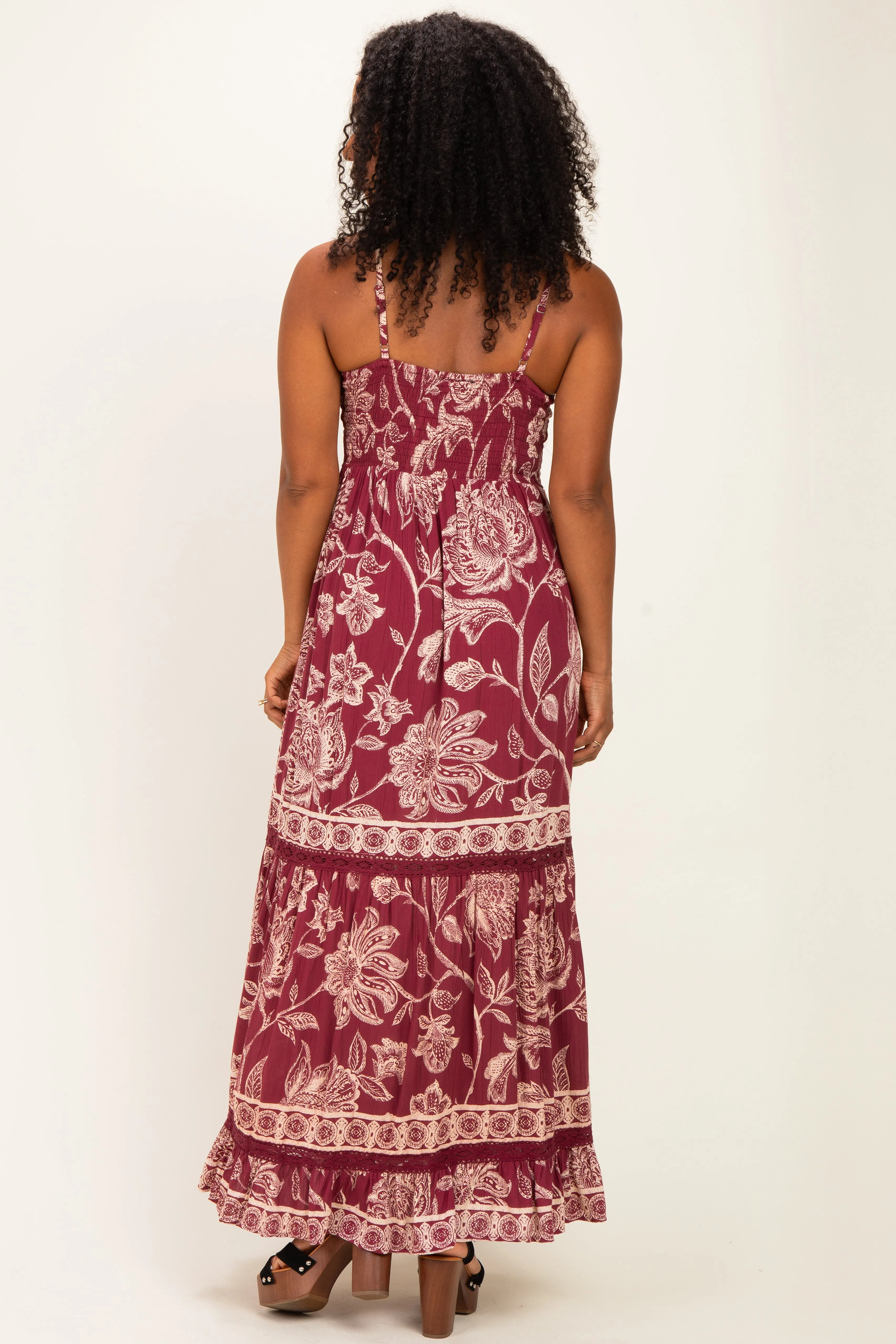 Wine Floral Front Tie Keyhole Maxi Dress sold by Pinkblush product image thumbnail 3