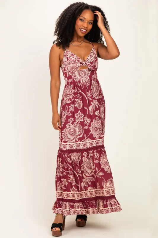 Wine Floral Front Tie Keyhole Maxi Dress made by Angie