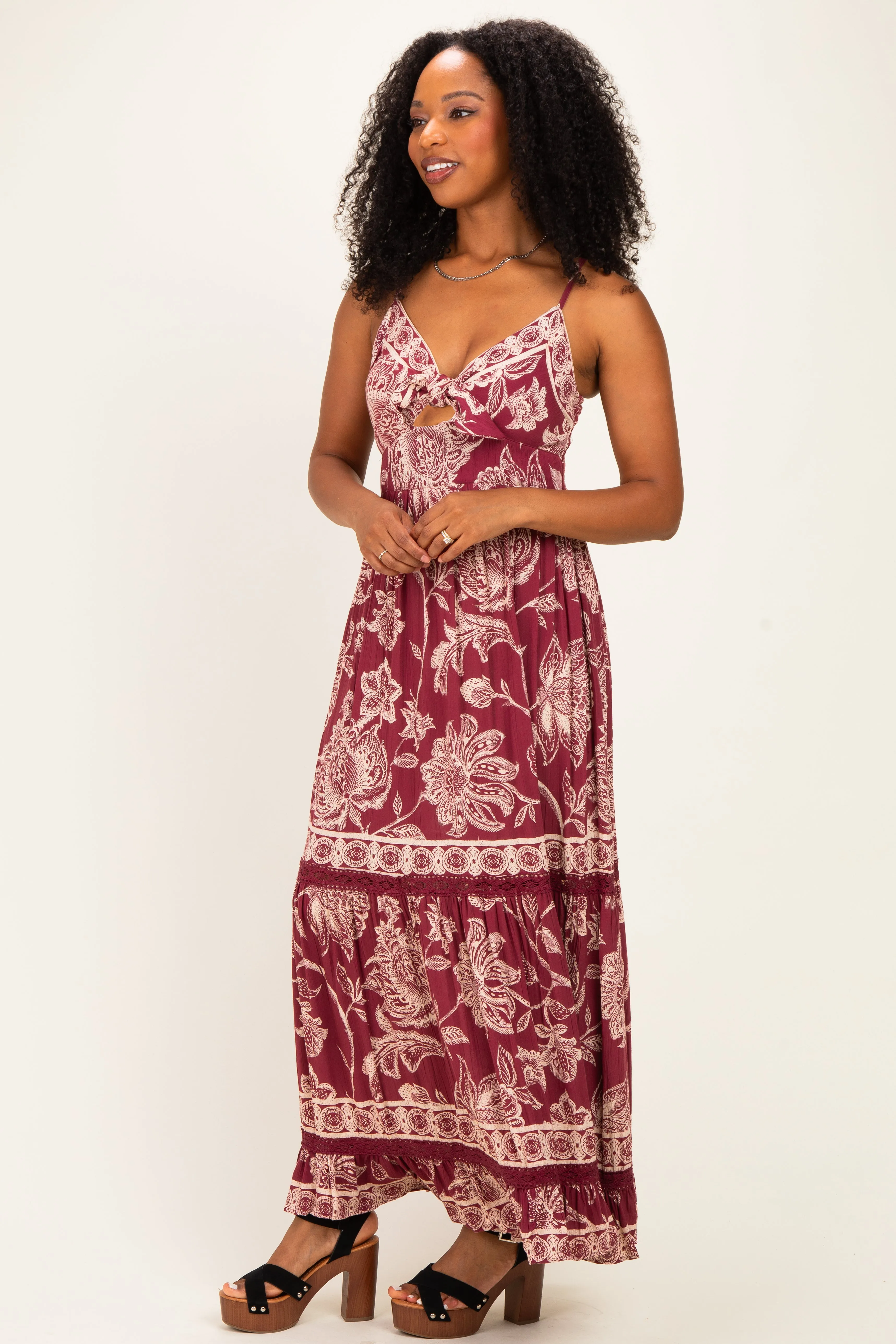 Wine Floral Front Tie Keyhole Maxi Dress sold by Pinkblush product image thumbnail 2
