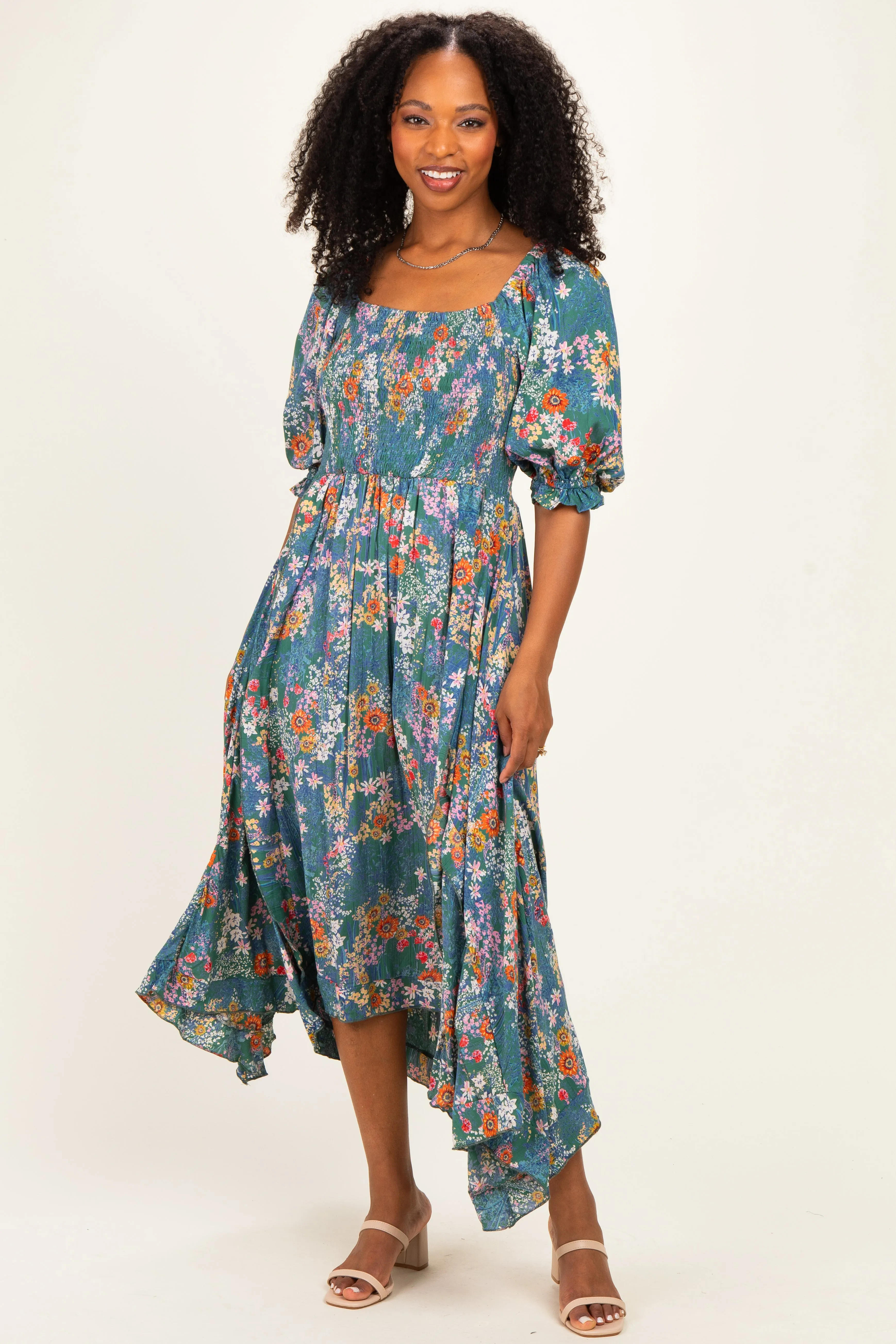 Teal Floral Smocked Handkerchief Hem Midi Dress sold by Pinkblush