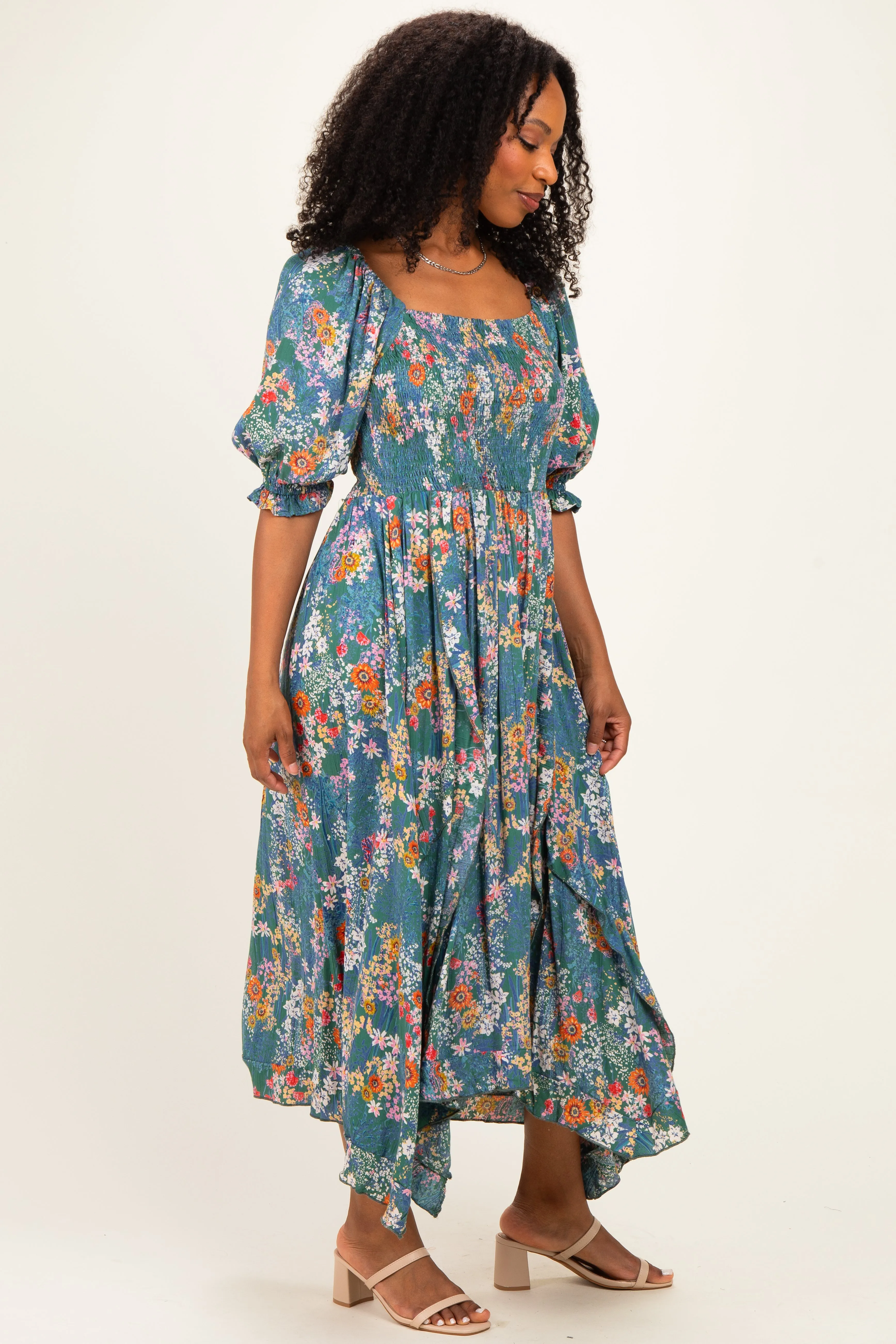 Teal Floral Smocked Handkerchief Hem Midi Dress sold by Pinkblush product image thumbnail 2