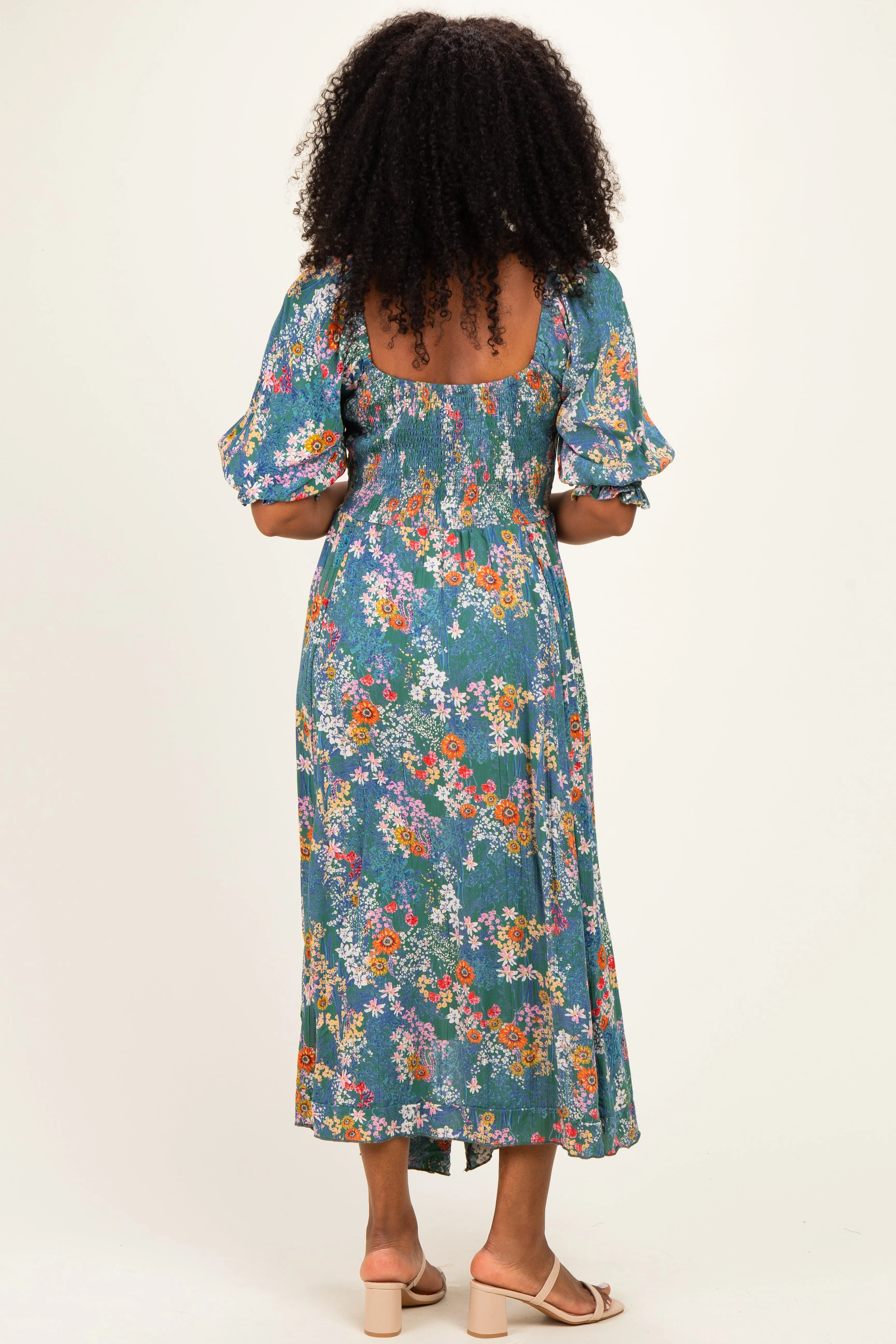Teal Floral Smocked Handkerchief Hem Midi Dress sold by Pinkblush product image thumbnail 3