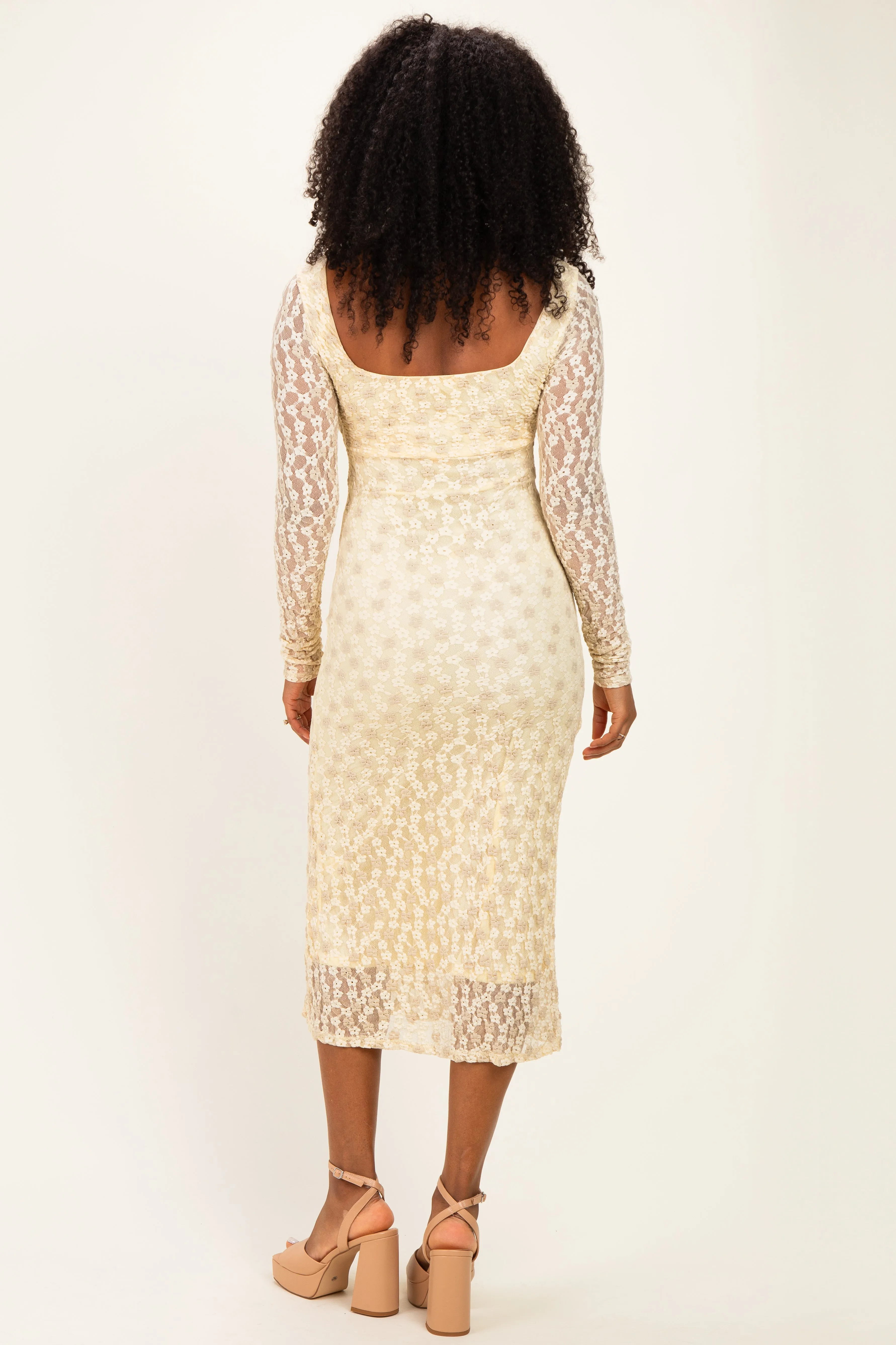 Cream Floral Lace Long Sleeve Square Neck Midi Dress sold by Pinkblush product image thumbnail 3