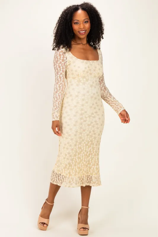 Cream Floral Lace Long Sleeve Square Neck Midi Dress made by Pinkblush
