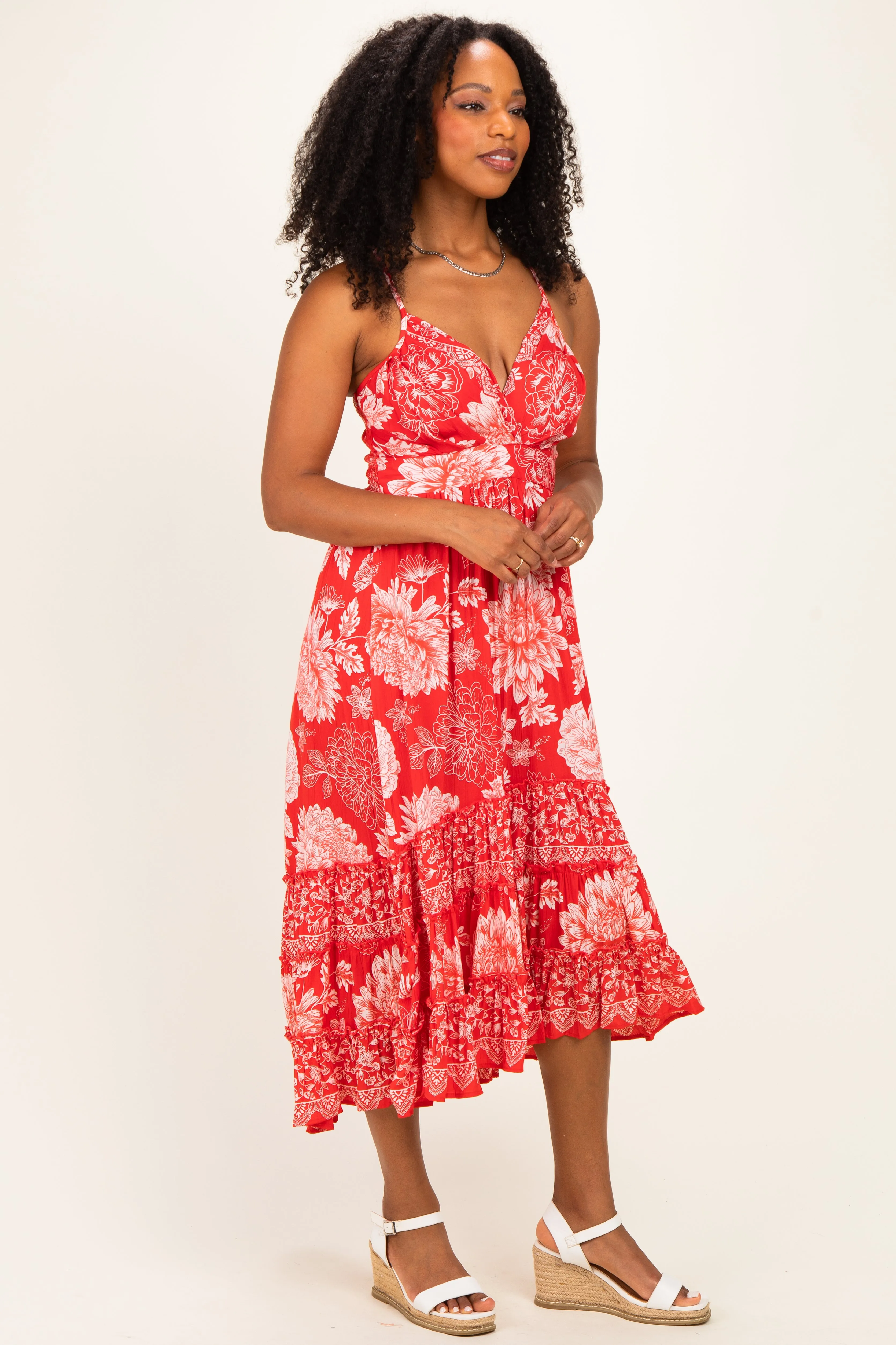 Strawberry Floral V-Neck Tiered Hem Midi Dress sold by Pinkblush product image thumbnail 2