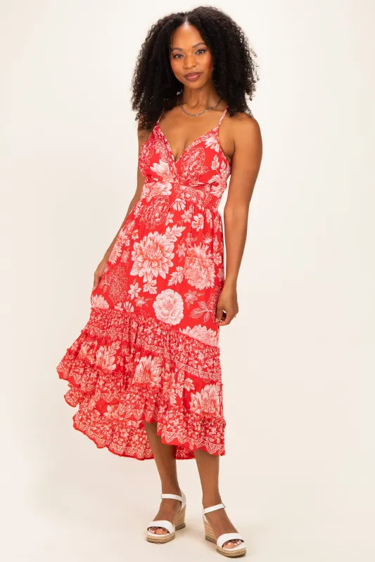 Strawberry Floral V-Neck Tiered Hem Midi Dress made by Angie