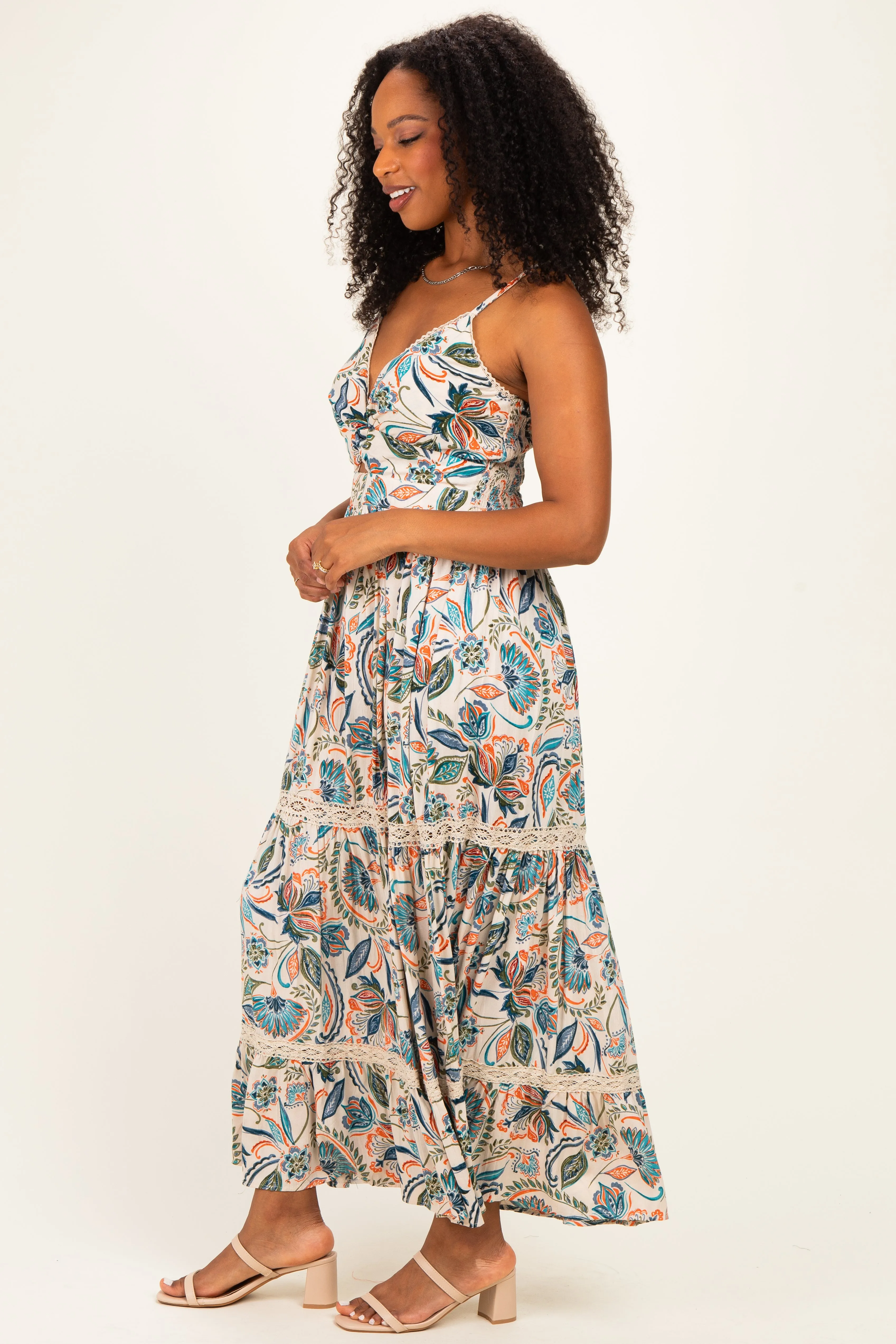 Ivory Floral Twist Front Keyhole Lace Trim Maxi Dress sold by Pinkblush product image thumbnail 2