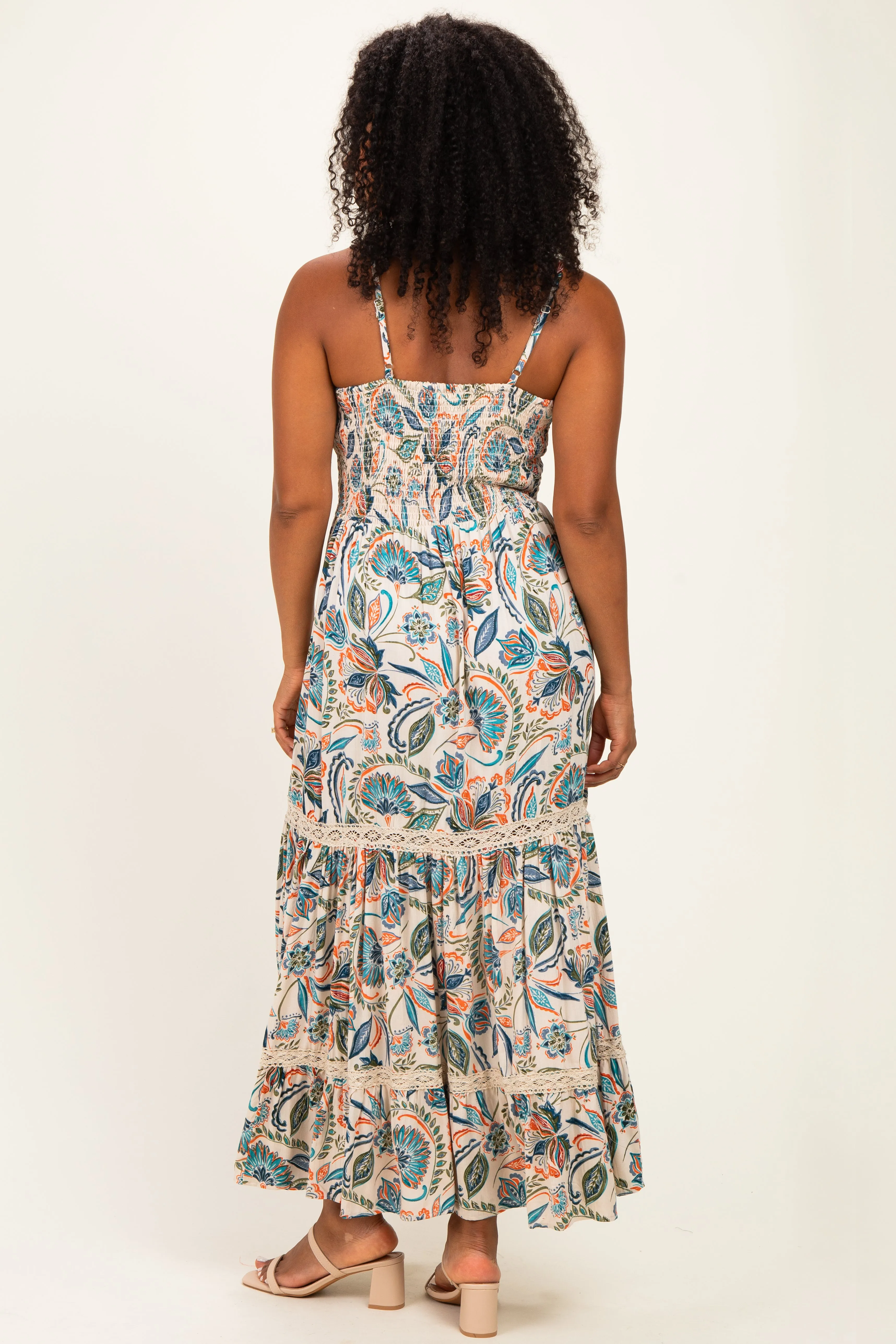 Ivory Floral Twist Front Keyhole Lace Trim Maxi Dress sold by Pinkblush product image thumbnail 3