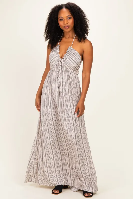 Taupe Printed V Neck Maxi Dress made by Pinkblush