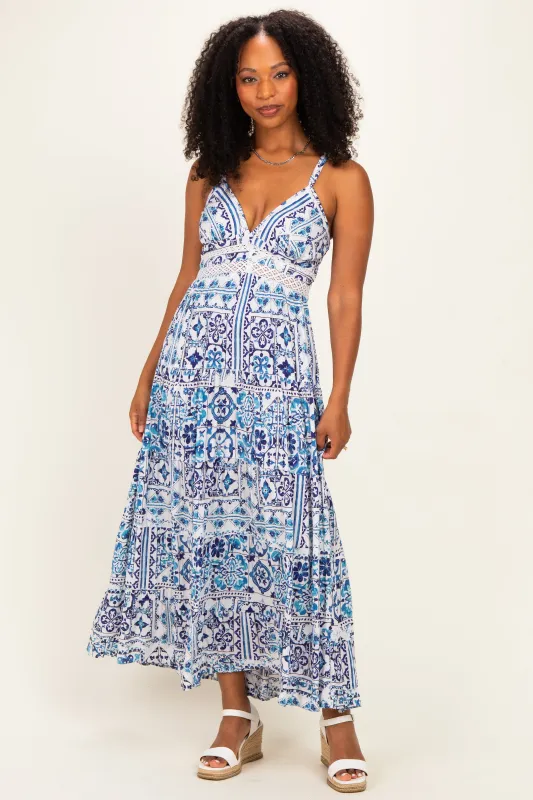 Blue Printed V-Neck Lace Tim Maxi Dress made by Angie