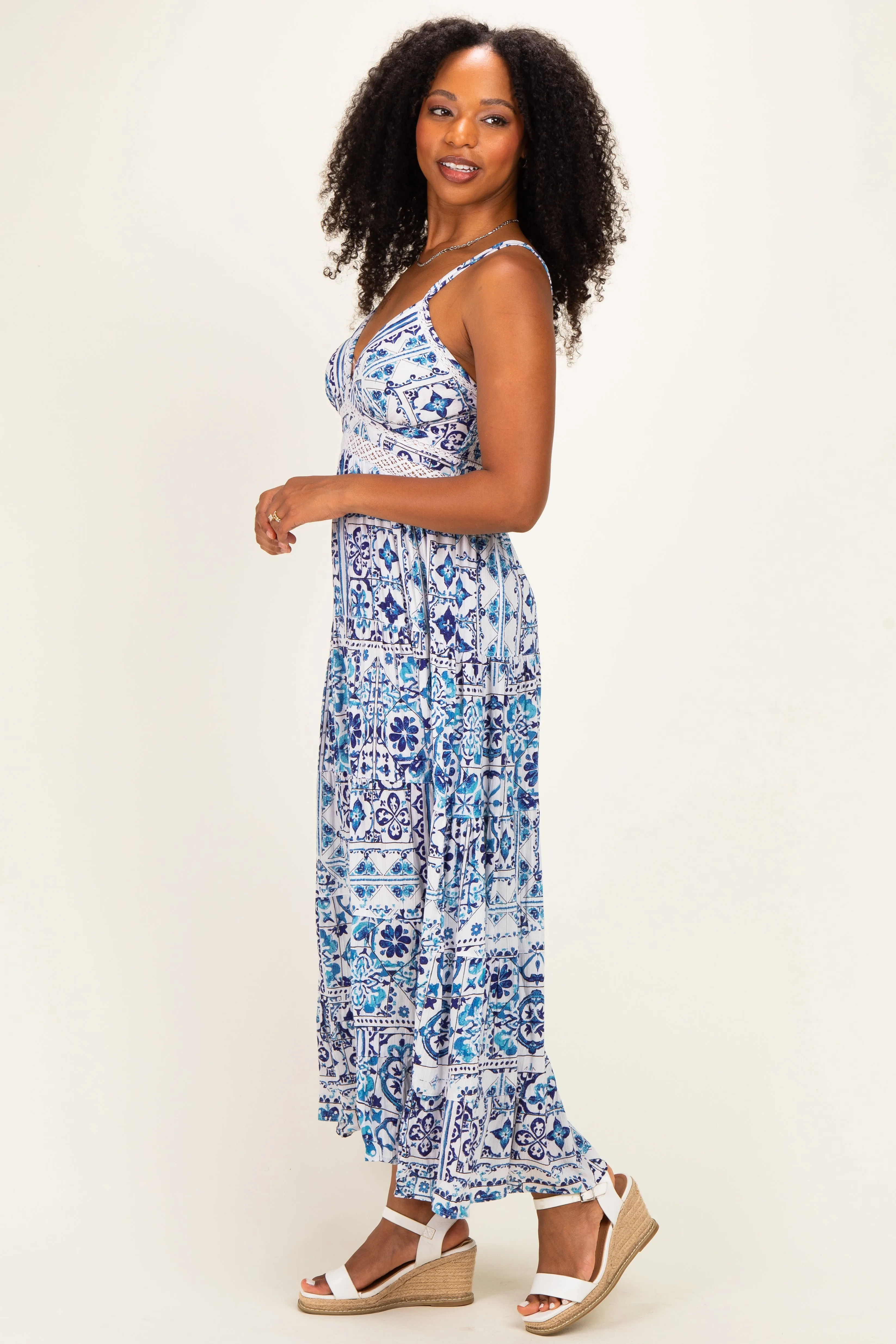 Blue Printed V-Neck Lace Tim Maxi Dress sold by Pinkblush product image thumbnail 2