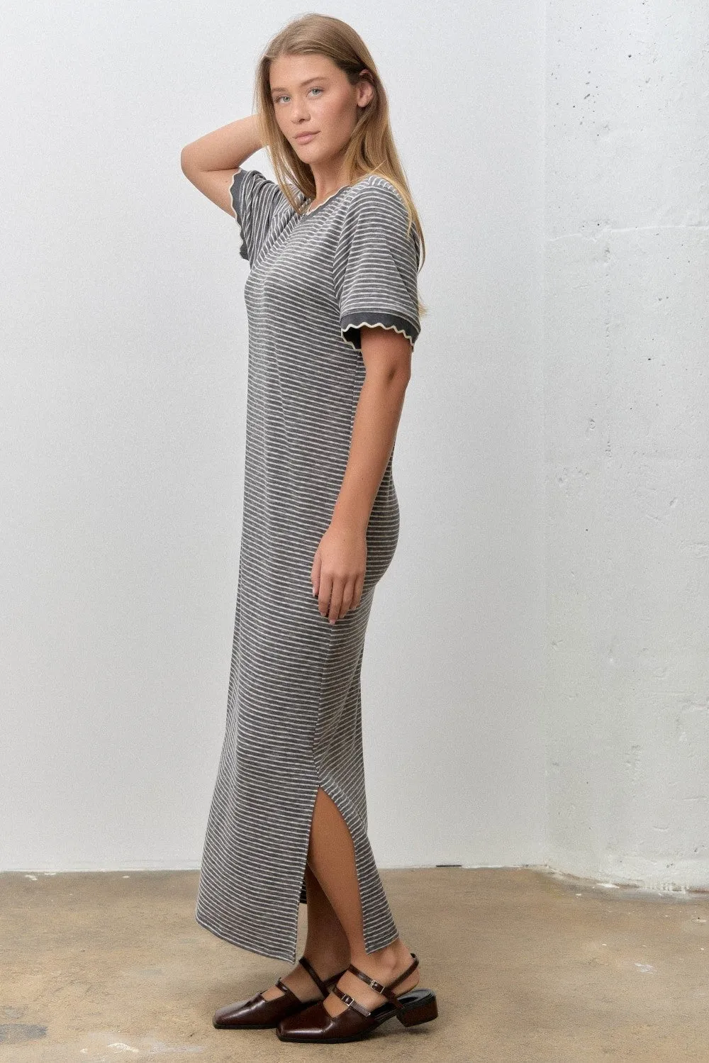Charcoal Striped Knit Scallop Accent Maxi Dress sold by Pinkblush product image thumbnail 2