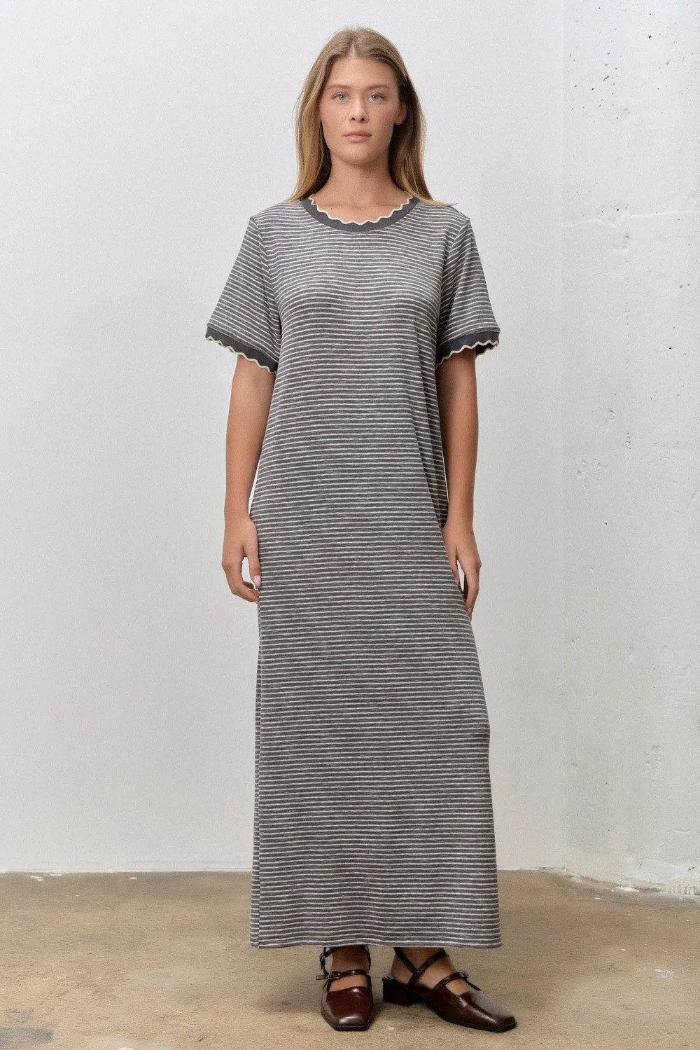 Charcoal Striped Knit Scallop Accent Maxi Dress sold by Pinkblush
