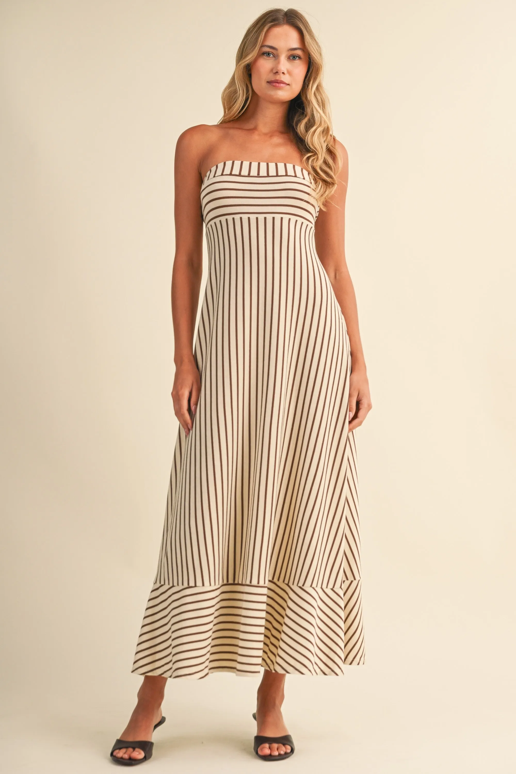 Cream Brown Striped Strapless A-Line Maxi Dress sold by Pinkblush product image thumbnail 2